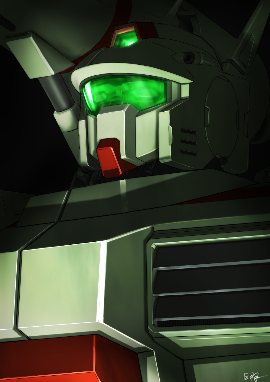hiwa industry, f71 g-cannon, gundam, gundam f91, commentary, highres, assault visor, earth federation, glowing, green visor, machinery, mecha, mecha focus, mobile suit, no humans, portrait, realistic, robot, science fiction, shoulder cannon, signature