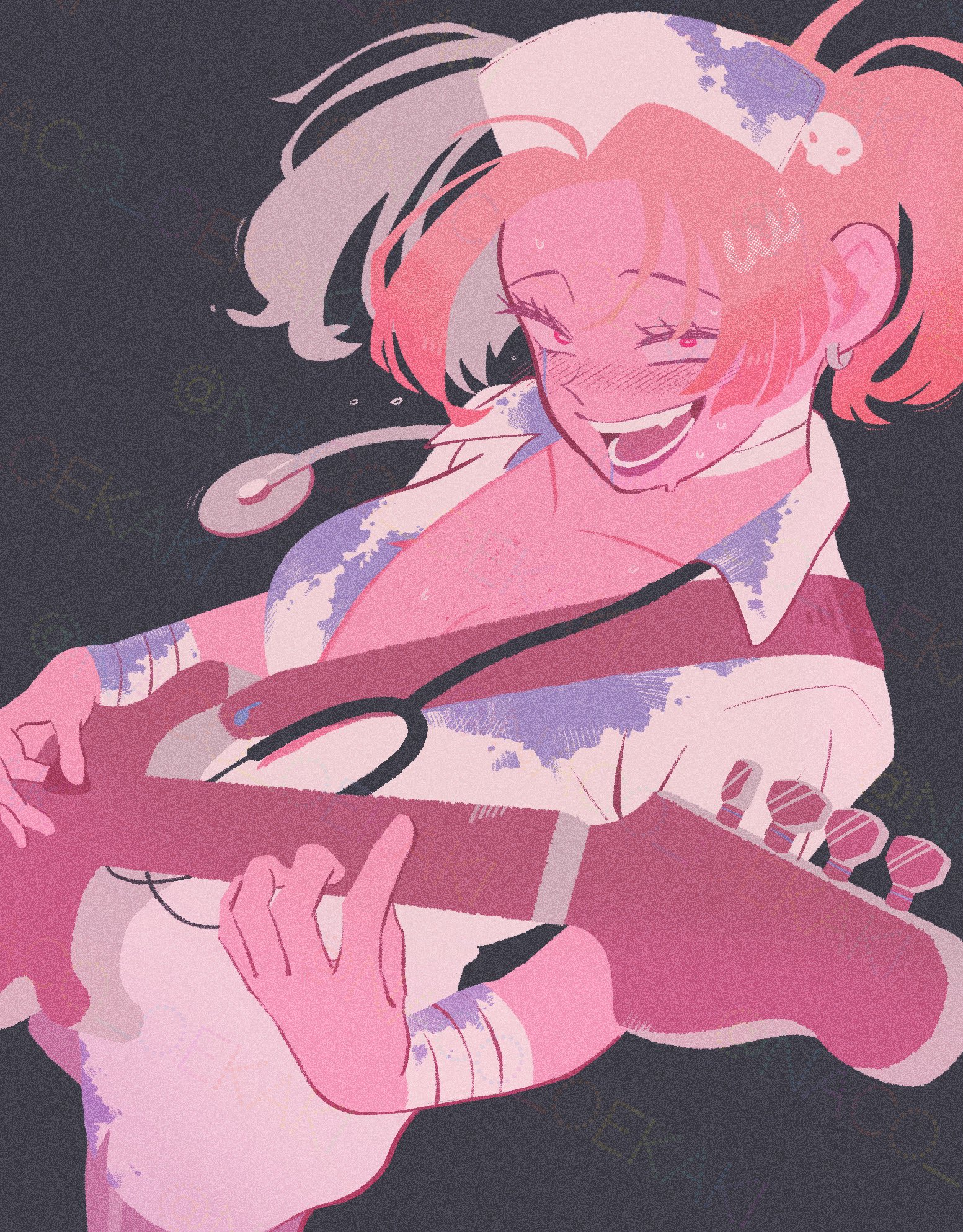 naco oekaki, tsuru asaka, futsuu no keion-bu, commentary request, highres, 1girl, bandaged arm, bandaged neck, bandages, bass guitar, black background, blonde hair, blood, blood on clothes, blood on face, blue blood, body freckles, chest freckles, collarbone, collared dress, dress, dutch angle, fake blood, freckles, fretless bass guitar, fretless instrument, garter straps, guitar strap, hair ornament, halloween costume, hat, instrument, music, no bra, no strings, nurse, nurse cap, official alternate costume, official alternate hairstyle, open clothes, open dress, open mouth, parted bangs, playing bass guitar, playing instrument, red eyes, short dress, short sleeves, skull hair ornament, solo, stethoscope, stethoscope around neck, teeth, twintails
