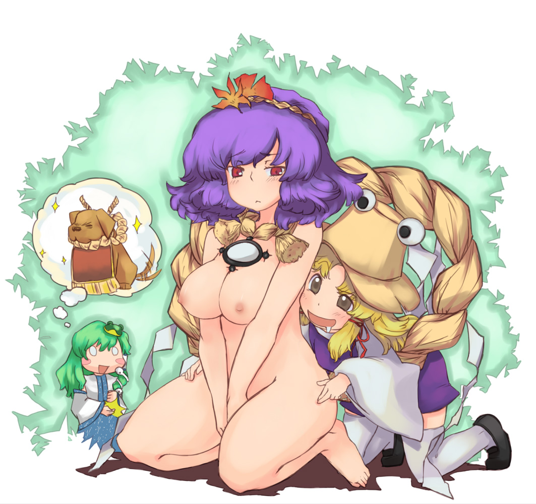 noko351, kochiya sanae, moriya suwako, yasaka kanako, touhou, 3girls, barefoot, blonde hair, breasts, detached sleeves, dog, female focus, frog, green hair, hair ornament, hat, leaf hair ornament, multiple girls, nipples, nude, purple hair, red eyes, rope, short hair, snake, thighhighs, yellow eyes, yuri