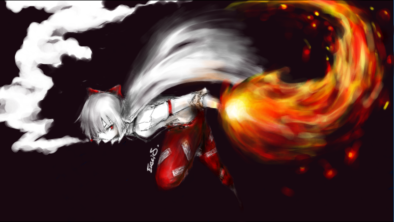 ensei, ensei (artist), enseisong, fujiwara no mokou, touhou, silver hair, 1girl, black background, cigarette, dark, female focus, fighting stance, fire, hair over one eye, hair ribbon, long hair, pants, red eyes, ribbon, shirt, signature, simple background, sleeves rolled up, smoke, smoking, solo, white shirt