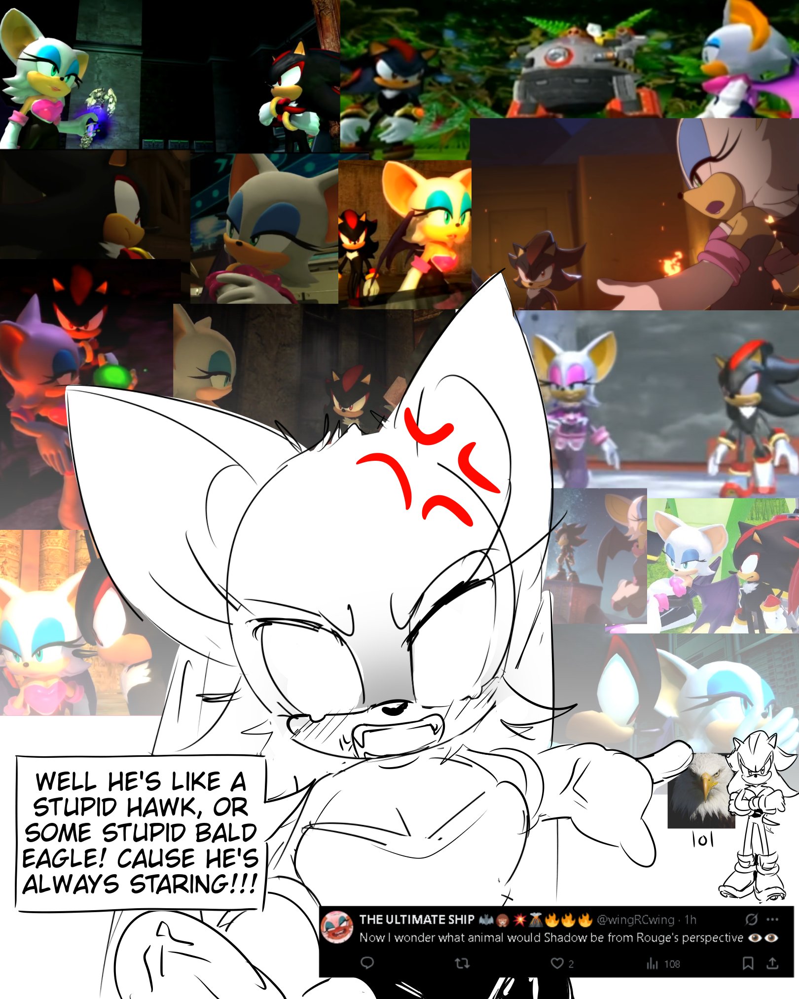 ssanaaloves, dr. eggman, rouge the bat, shadow the hedgehog, shadow the hedgehog (game), sonic (series), sonic adventure 2, sonic the hedgehog (2006), highres, anger vein, bald eagle, bat girl, bird, blush, breasts, chaos emerald, cleavage, crossed arms, eagle, english text, fangs, game screenshot inset, hedgehog boy, looking at viewer, twitter screenshot