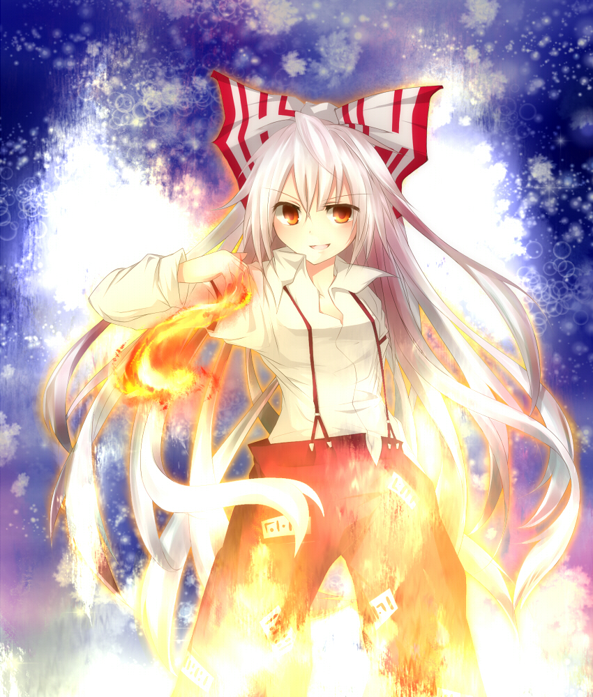 haruto28, fujiwara no mokou, touhou, silver hair, bad id, bad pixiv id, 1girl, bow, dress shirt, female focus, fire, hair bow, long hair, red eyes, shirt, solo, standing, suspenders