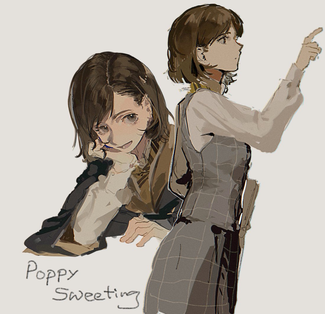 hiiragimare, poppy sweeting, hogwarts legacy, wizarding world, 1girl, animification, asymmetrical bangs, black robe, brown eyes, brown hair, character name, collared shirt, from side, grey skirt, grey vest, hand on own cheek, hand on own face, hogwarts school uniform, hufflepuff, long skirt, looking at viewer, multiple girls, necktie, open mouth, robe, school uniform, shirt, short hair, simple background, skirt, smile, vest, white background, white shirt, yellow necktie