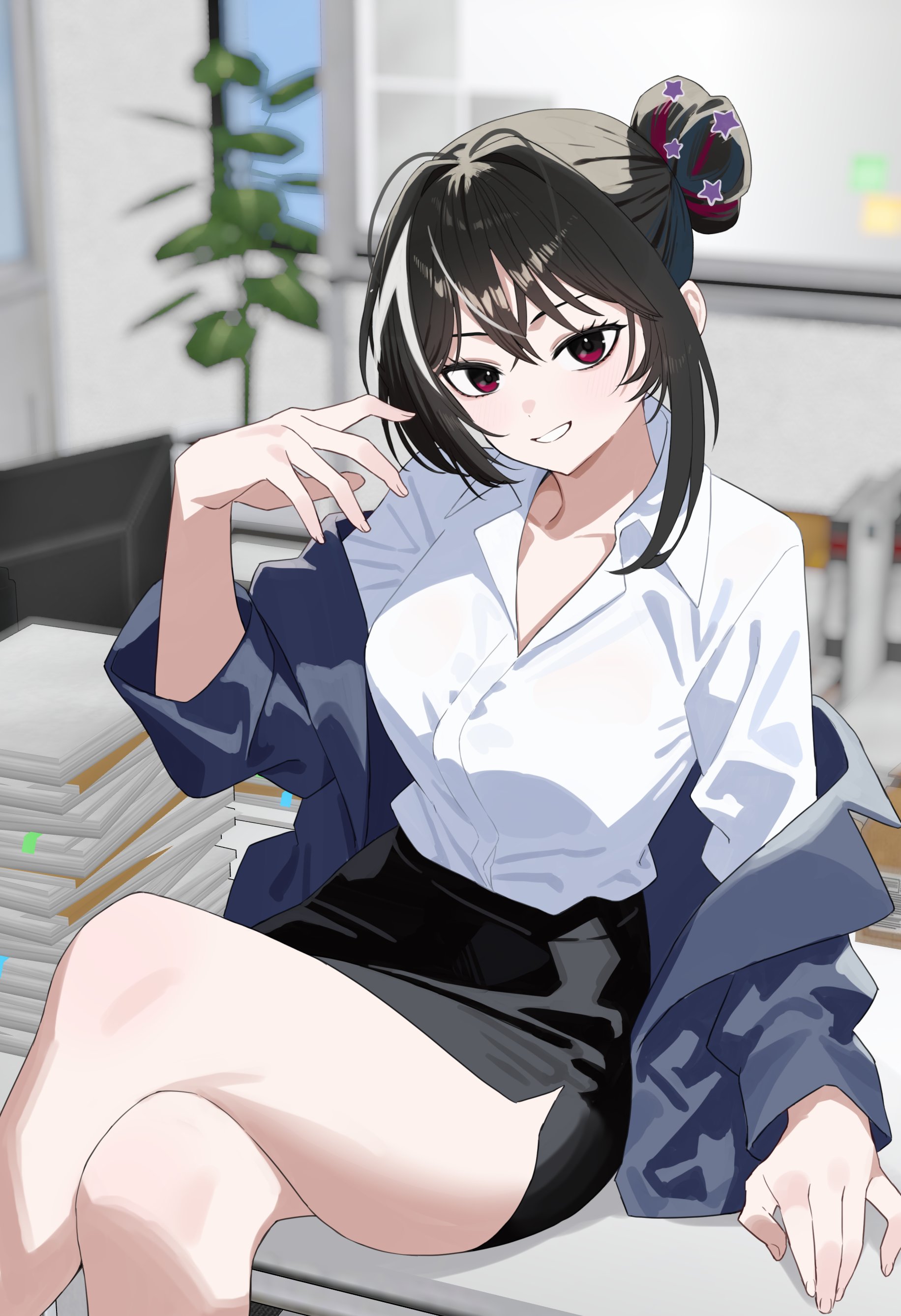eigun801, lan philia, aegis-link, absurdres, commission, highres, second-party source, skeb commission, 1girl, black hair, black skirt, blue hair, blurry, blurry background, collared shirt, crossed legs, hair ornament, multicolored hair, office lady, purple eyes, purple hair, shirt, sitting, skirt, solo, star (symbol), star hair ornament, streaked hair, virtual youtuber, white hair, white shirt