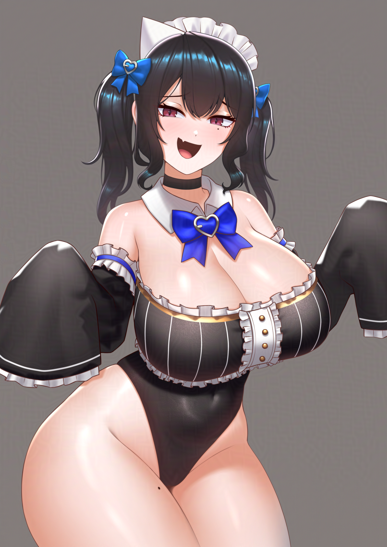 cipher4109, mint fantome, nerissa ravencroft, hololive, hololive english, indie virtual youtuber, commentary, english commentary, highres, 1girl, ;), alternate breast size (larger), alternate costume, alternate form, apron, bare shoulders, black hair, black sleeves, blue hair, blush, breasts, closed mouth, colored inner hair, cowboy shot, detached sleeves, dress, frills, ghost girl, ghost tail, huge breasts, long hair, long sleeves, looking at viewer, maid, maid apron, maid headdress, mole, mole under eye, multicolored hair, one eye closed, red eyes, smile, solo, tongue, tongue out, two-tone hair, very long hair, virtual youtuber, white apron
