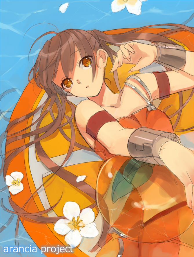 01 0219, arancia, original, 1girl, ball, beachball, blue background, brown eyes, brown hair, flower, long hair, lying, orange theme, twintails, water
