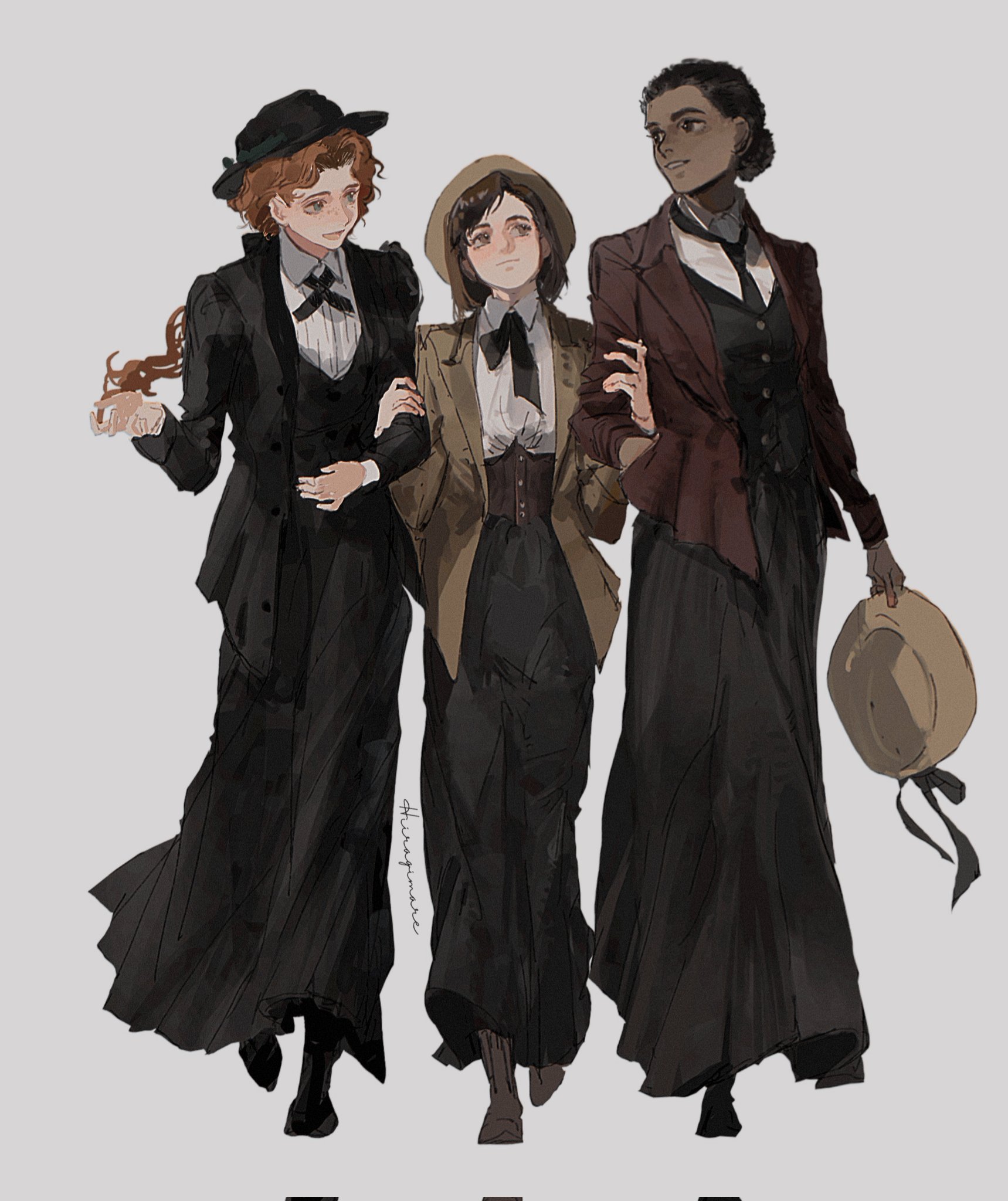 hiiragimare, poppy sweeting, hogwarts legacy, original, wizarding world, character request, highres, 3girls, black boots, black hair, black hat, black jacket, black necktie, black ribbon, black skirt, black vest, blue eyes, boots, brown boots, brown corset, brown eyes, brown hair, brown hat, closed mouth, collared shirt, corset, dark-skinned female, dark skin, full body, gynger edventray (hiiragimare), hair bun, hat, holding, holding another's arm, holding unworn clothes, holding unworn hat, jacket, long hair, long skirt, looking at another, multiple girls, neck ribbon, necktie, open mouth, ponytail, porkpie hat, red hair, red jacket, ribbon, shirt, short hair, simple background, skirt, smile, unworn hat, unworn headwear, vest, white background, white shirt, yellow hat, yellow jacket