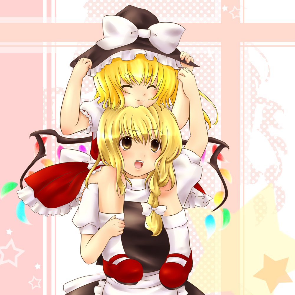 akina (artist), akina (schism), flandre scarlet, kirisame marisa, touhou, bad id, bad pixiv id, >:), 2girls, :d, ^ ^, blonde hair, borrowed clothes, braid, carrying, chin rest, closed eyes, female focus, hat, head on head, head rest, headwear switch, mary janes, multiple girls, open mouth, ponytail, shoes, short hair, shoulder carry, side ponytail, smile, v-shaped eyebrows, wings, witch, witch hat, yellow eyes