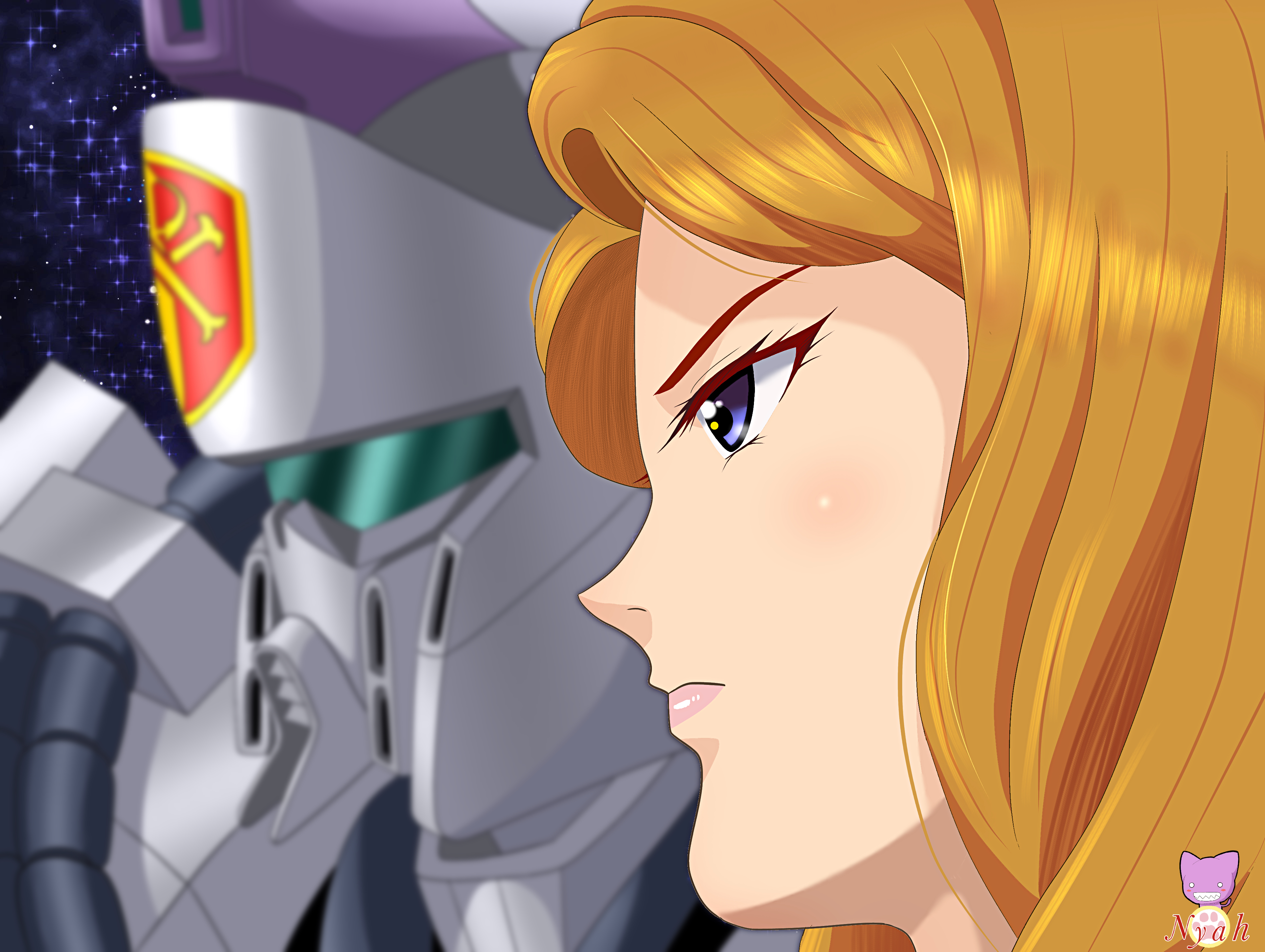 nyahoekaki1, cecily fairchild, vigna ghina, gundam, gundam f91, absurdres, commentary request, highres, 1girl, blue eyes, blue visor, blurry, blurry background, cable, crossbone vanguard, emblem, eyelashes, logo, looking ahead, machinery, mecha, medal, mobile suit, orange hair, portrait, robot, roundel, science fiction, serious, signature, space, star (sky)