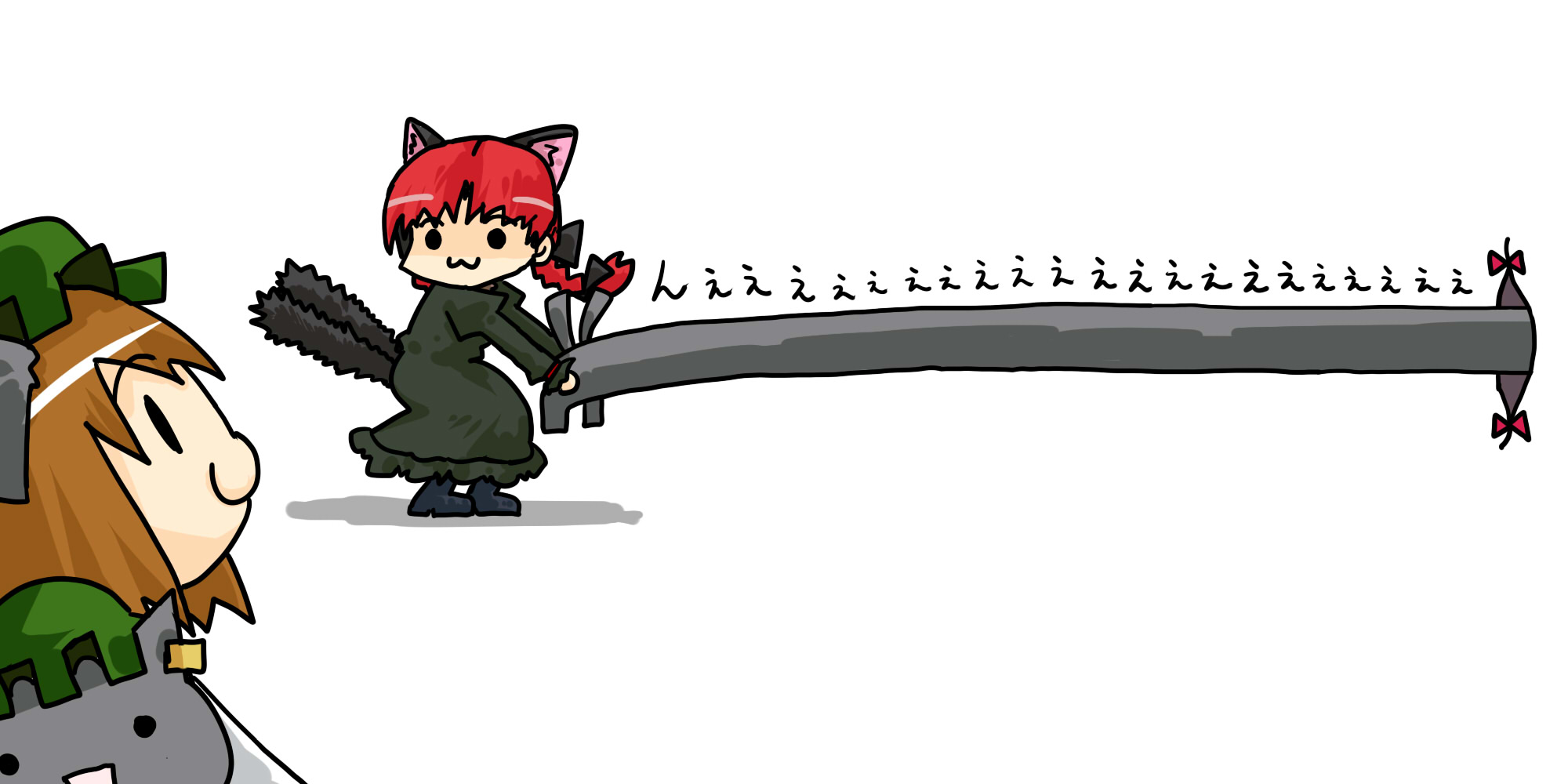 seki (red shine), chen, chen (cat), kaenbyou rin, touhou, highres, 2girls, :3, :d, animal ears, braid, brown hair, cat, cat ears, cat tail, dual persona, earrings, female focus, gap (touhou), hair ribbon, hat, jewelry, longcat (meme), meme, multiple girls, multiple tails, open mouth, red hair, ribbon, short hair, smile, tail, time paradox, twin braids, twintails