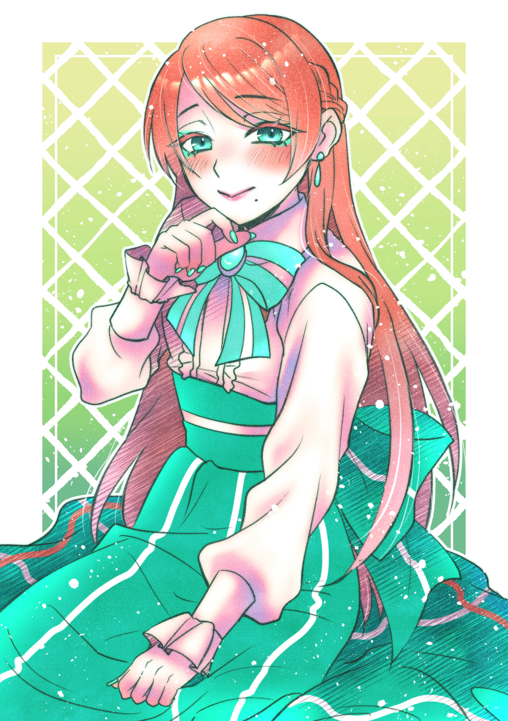 ao (yashuring), absurdres, character request, commission, copyright request, highres, skeb commission, 1girl, aqua bow, aqua eyes, aqua nails, blush, bow, braid, closed mouth, colored eyelashes, earrings, fingernails, flat chest, frilled sleeves, frills, green skirt, half up braid, hand on own face, high-waist skirt, jewelry, long fingernails, long hair, long skirt, long sleeves, looking at viewer, mole, mole under mouth, orange hair, out of frame, parted bangs, pink lips, shirt, sitting, skirt, smile, solo, very long hair