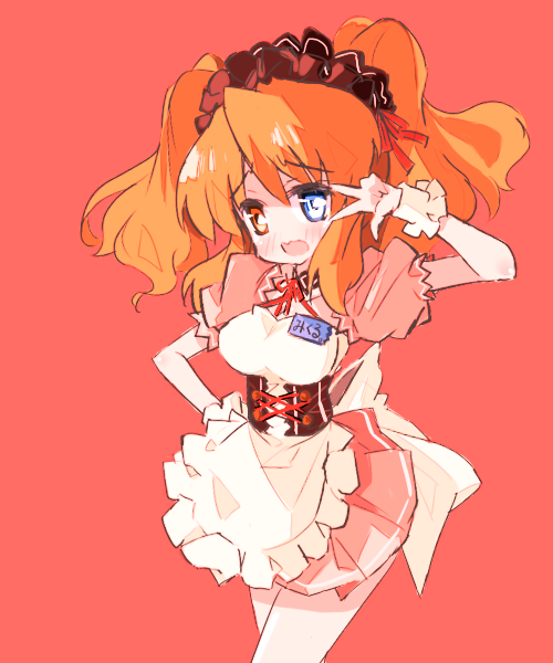 maromi (am97), asahina mikuru, suzumiya haruhi no yuuutsu, bad id, bad pixiv id, 00s, contact lens, corset, hand on own hip, heterochromia, hip focus, long hair, mikuru beam, official alternate hairstyle, orange hair, solo, twintails, v, waitress