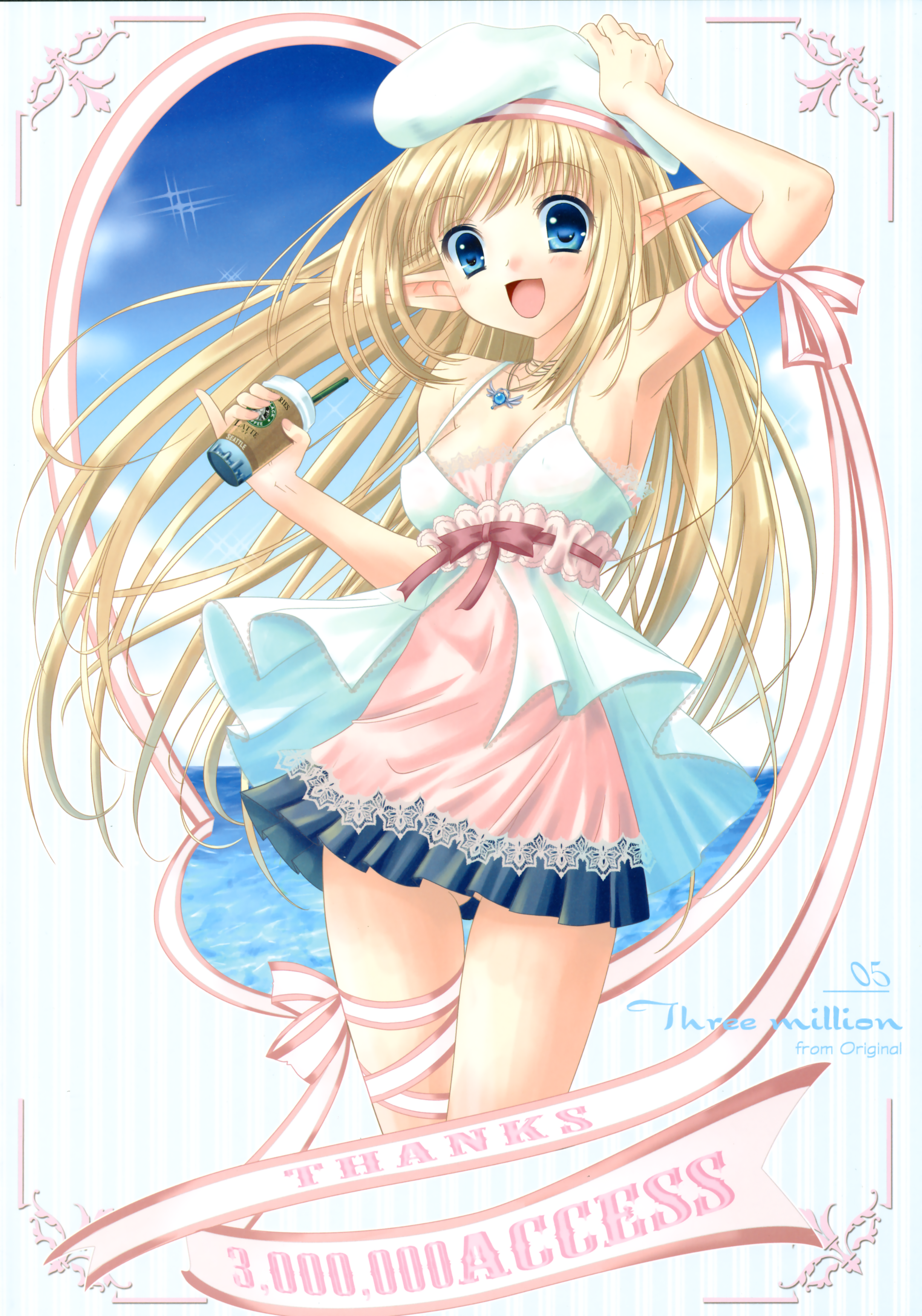 alto seneka, rusty soul, absurdres, highres, blonde hair, blue eyes, coffee, dress, elf, happy, hat, pointy ears, ribbon, solo