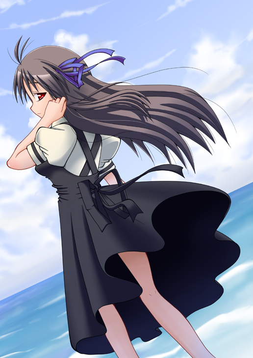 hitsuki miyu, toono minagi, air (visual novel), bad id, bad pixiv id, 00s, 1girl, adjusting hair, clothes lift, dutch angle, female focus, grey hair, long hair, red eyes, school uniform, skirt, skirt lift, solo, wind, wind lift