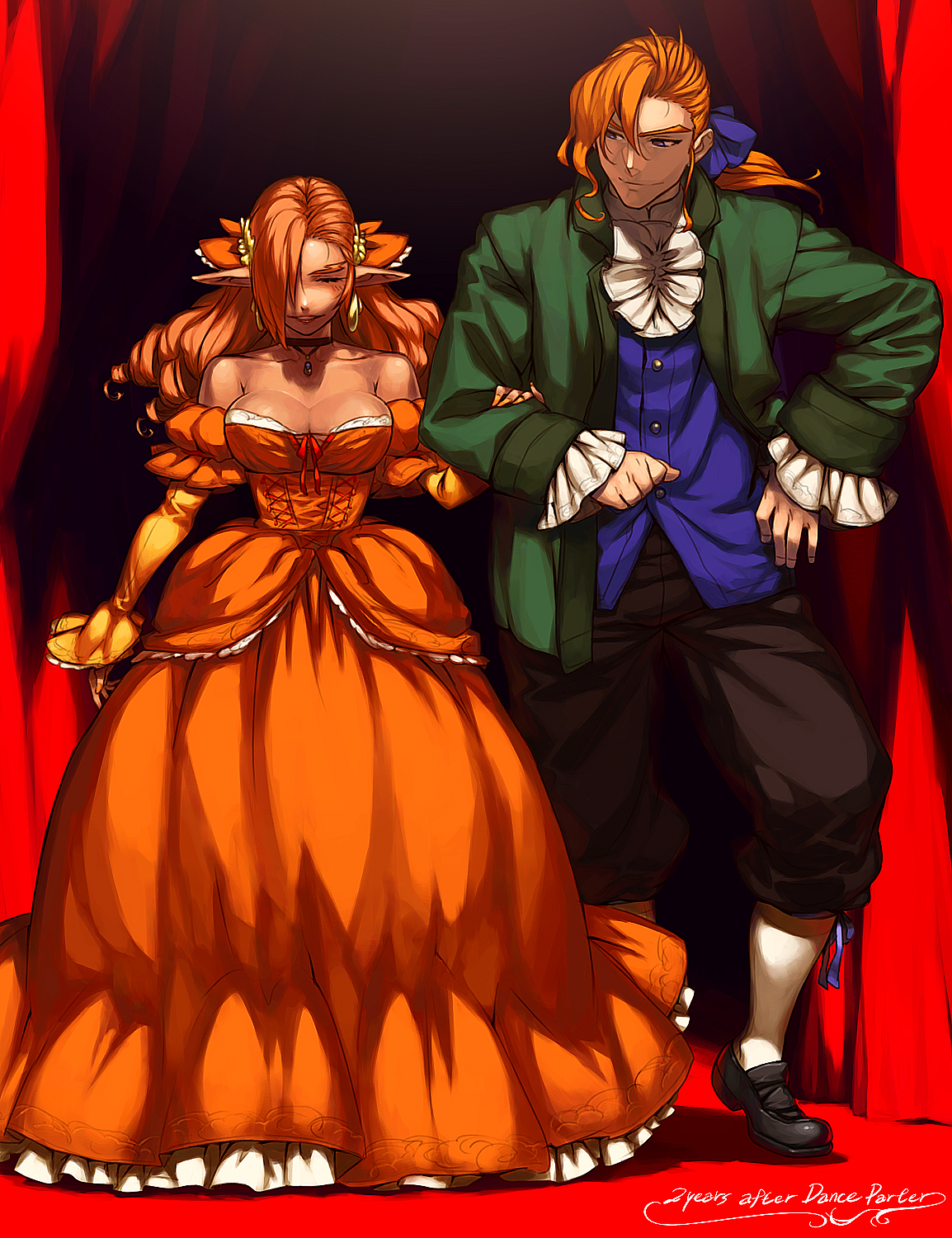 azusa (hws), elfriede bernstein, pixiv fantasia, pixiv fantasia 3, eyebrows, highres, 1boy, 1girl, bare shoulders, breasts, choker, cleavage, closed eyes, dark skin, dress, earrings, hair over one eye, jewelry, large breasts, orange hair, pointy ears