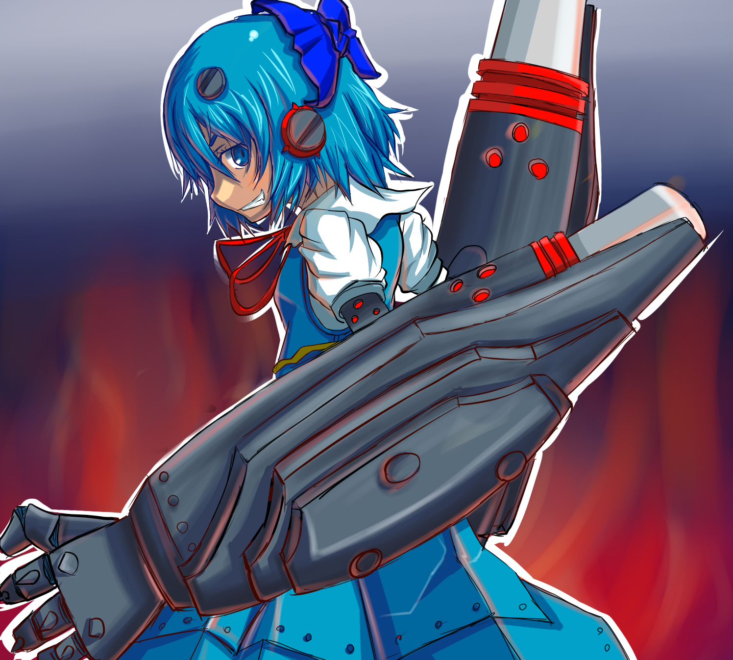 otyauma, big o (mecha), cirno, the big o, touhou, highres, 1girl, blue eyes, blue hair, bow, crossover, female focus, fusion, grin, hair bow, matching hair/eyes, mecha, mechanical arms, mechanization, parody, robot, short hair, single mechanical arm, smile, solo