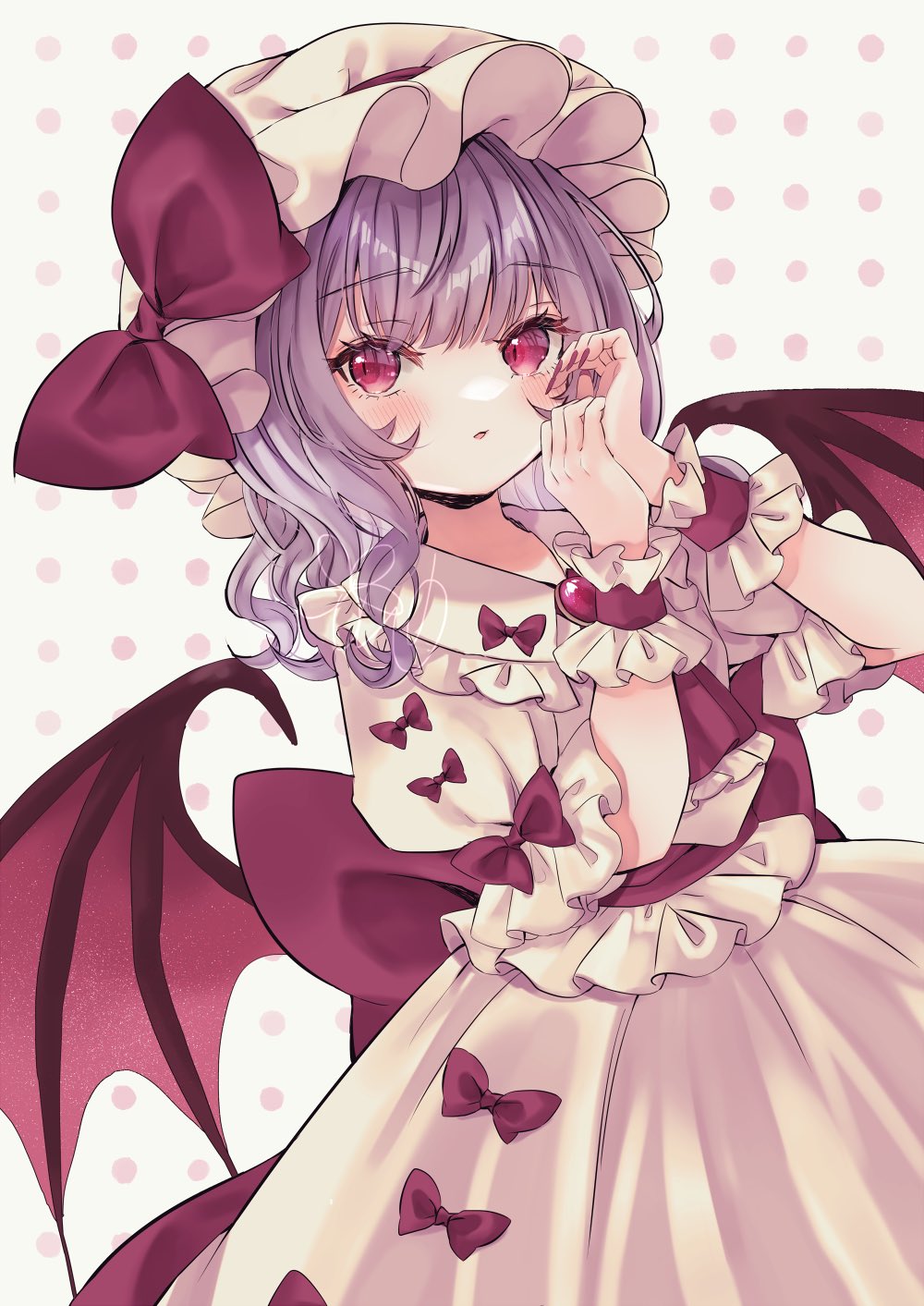 jaku sono, remilia scarlet, touhou, commentary request, highres, 1girl, ascot, bat wings, blue hair, bow, brooch, collared shirt, fingernails, frilled shirt collar, frills, hat, hat bow, jewelry, light blush, long fingernails, looking at viewer, medium hair, mob cap, pink hat, pink shirt, pink skirt, puffy short sleeves, puffy sleeves, red ascot, red bow, red nails, shirt, short sleeves, skirt, skirt set, sleeve bow, solo, wings, wrist cuffs