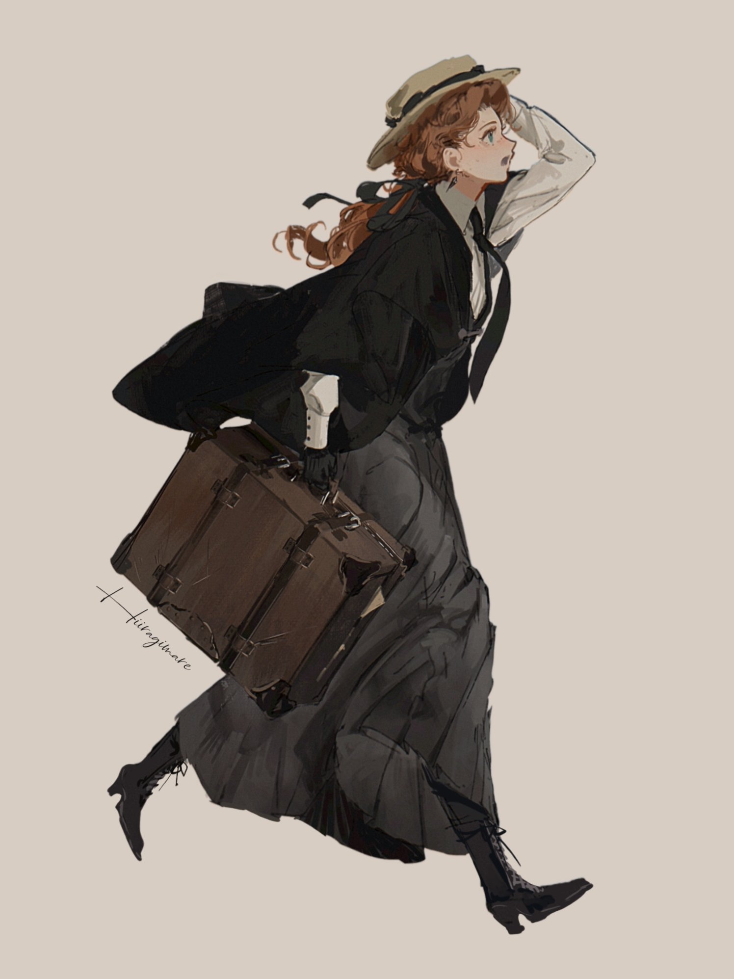 hiiragimare, hogwarts legacy, original, wizarding world, highres, 1girl, black boots, black dress, black gloves, black jacket, black ribbon, black thighhighs, black vest, blue eyes, boater hat, boots, collared shirt, dress, from side, full body, gloves, gynger edventray (hiiragimare), hair ribbon, hand on own head, hat, holding, holding suitcase, jacket, long hair, neck ribbon, open clothes, open jacket, open mouth, ponytail, red hair, ribbon, shirt, simple background, solo, straw hat, suitcase, thighhighs, vest, walking, white background, white shirt