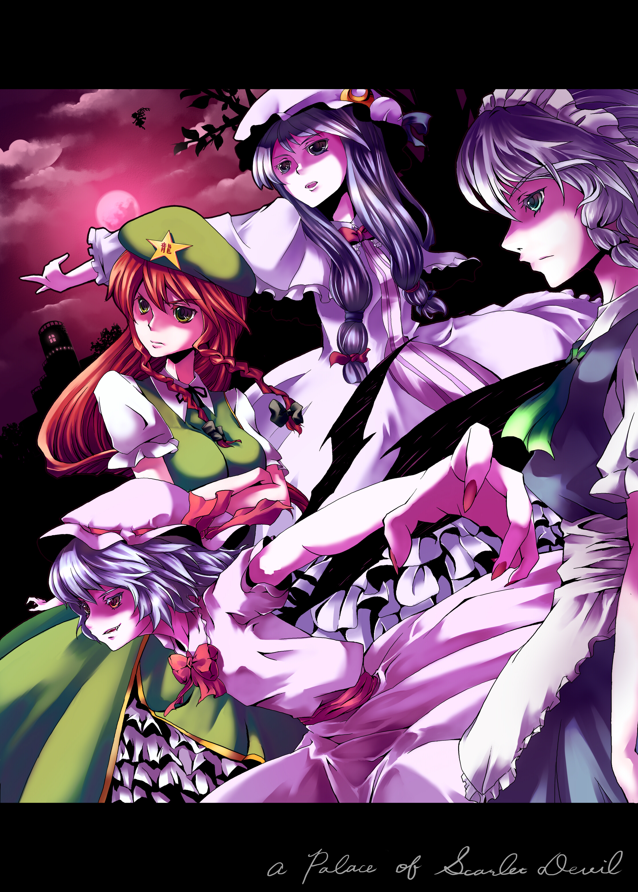 myaaco, flandre scarlet, hong meiling, izayoi sakuya, patchouli knowledge, remilia scarlet, embodiment of scarlet devil, touhou, silver hair, absurdres, colorized, derivative work, highres, 5girls, braid, china dress, chinese clothes, dress, female focus, hat, letterboxed, long hair, maid, multiple girls, purple hair, red hair, twin braids, wings