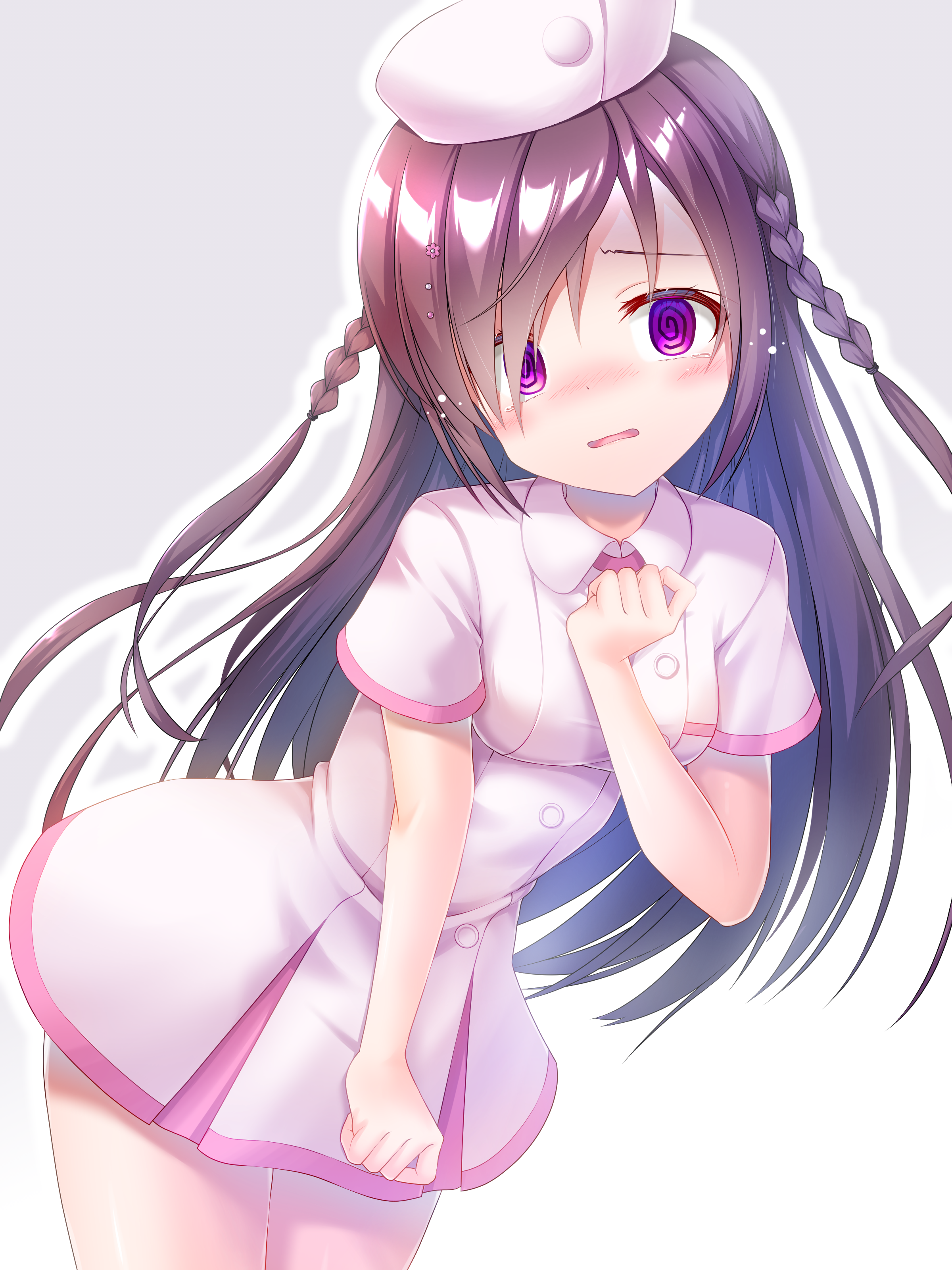 getsuyoshi, re:stage!, absurdres, commentary, highres, variant set, 1girl, @ @, blush, braid, breasts, buttons, cowboy shot, dot nose, dress, embarrassed, furrowed brow, gradient background, grey background, hair over one eye, hand on own chest, hat, leaning forward, long hair, looking at viewer, mizushino sono, nose blush, nurse, nurse cap, open mouth, outline, pink dress, pink hat, purple eyes, purple hair, short sleeves, simple background, small breasts, solo, tearing up, white background, white outline