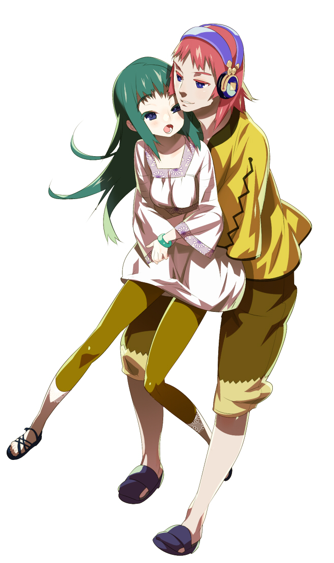 tensugi takashi, mono (shadow of the colossus), wander (shadow of the colossus), shadow of the colossus, bad id, bad pixiv id, 1boy, 1girl, blush, contemporary, couple, green hair, headphones, hetero, hug, hug from behind, long hair, sandals