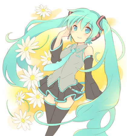 tachitsu teto, hatsune miku, vocaloid, lowres, 1girl, aqua eyes, aqua hair, detached sleeves, female focus, flower, hand on own ear, headphones, long hair, necktie, skirt, smile, solo, thighhighs, twintails, very long hair, zettai ryouiki