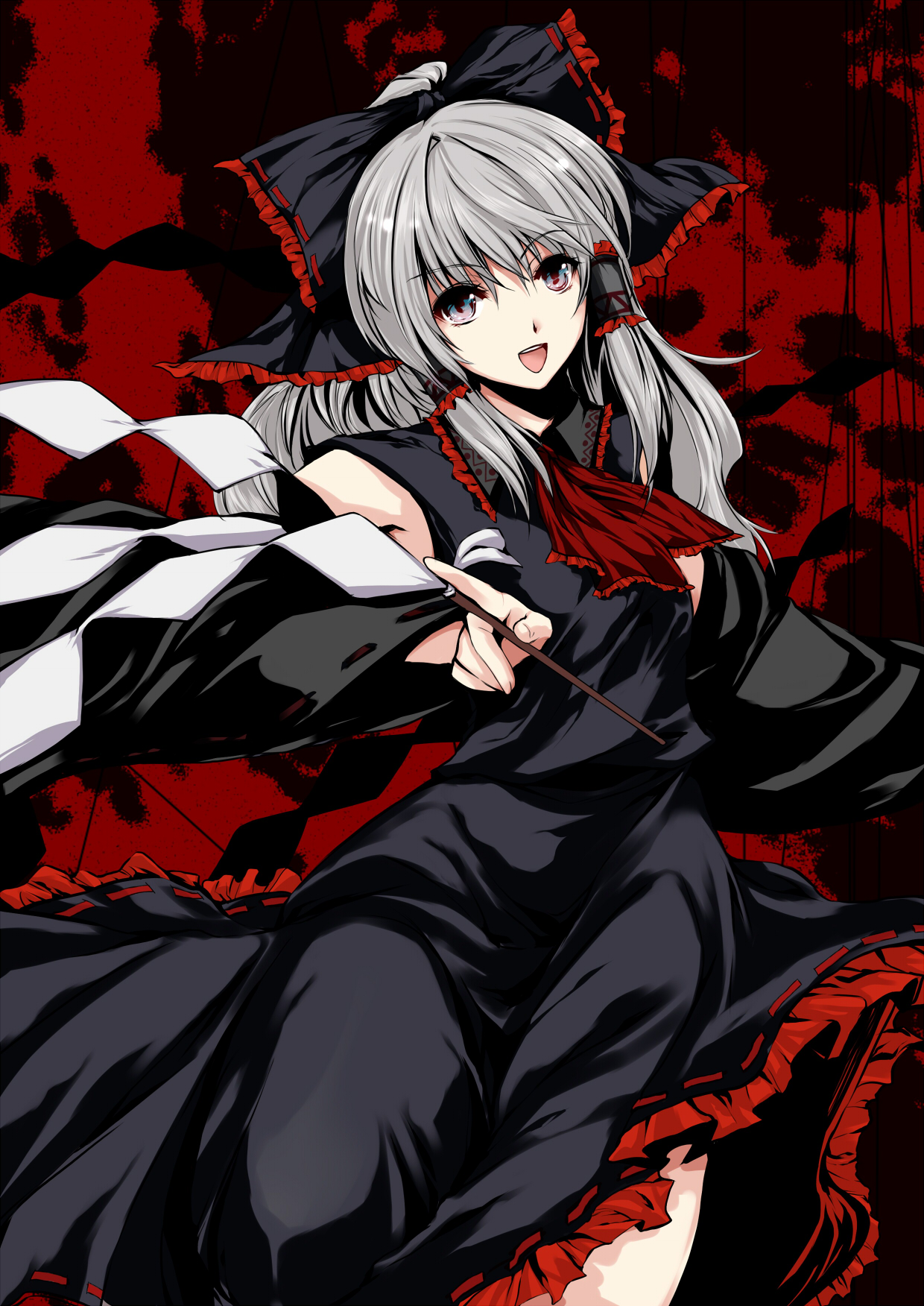 atoshi, hakurei reimu, touhou, bad id, bad pixiv id, highres, 1girl, alternate color, bow, detached sleeves, female focus, gohei, grey hair, hair bow, japanese clothes, miko, red eyes, solo