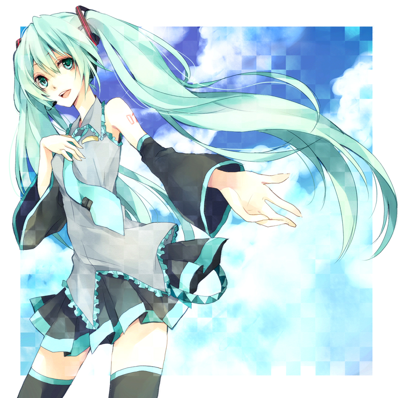 yuzuki karu, hatsune miku, vocaloid, bad id, bad pixiv id, 1girl, aqua eyes, aqua hair, detached sleeves, female focus, headphones, headset, long hair, necktie, skirt, sky, smile, solo, thighhighs, twintails, very long hair, zettai ryouiki