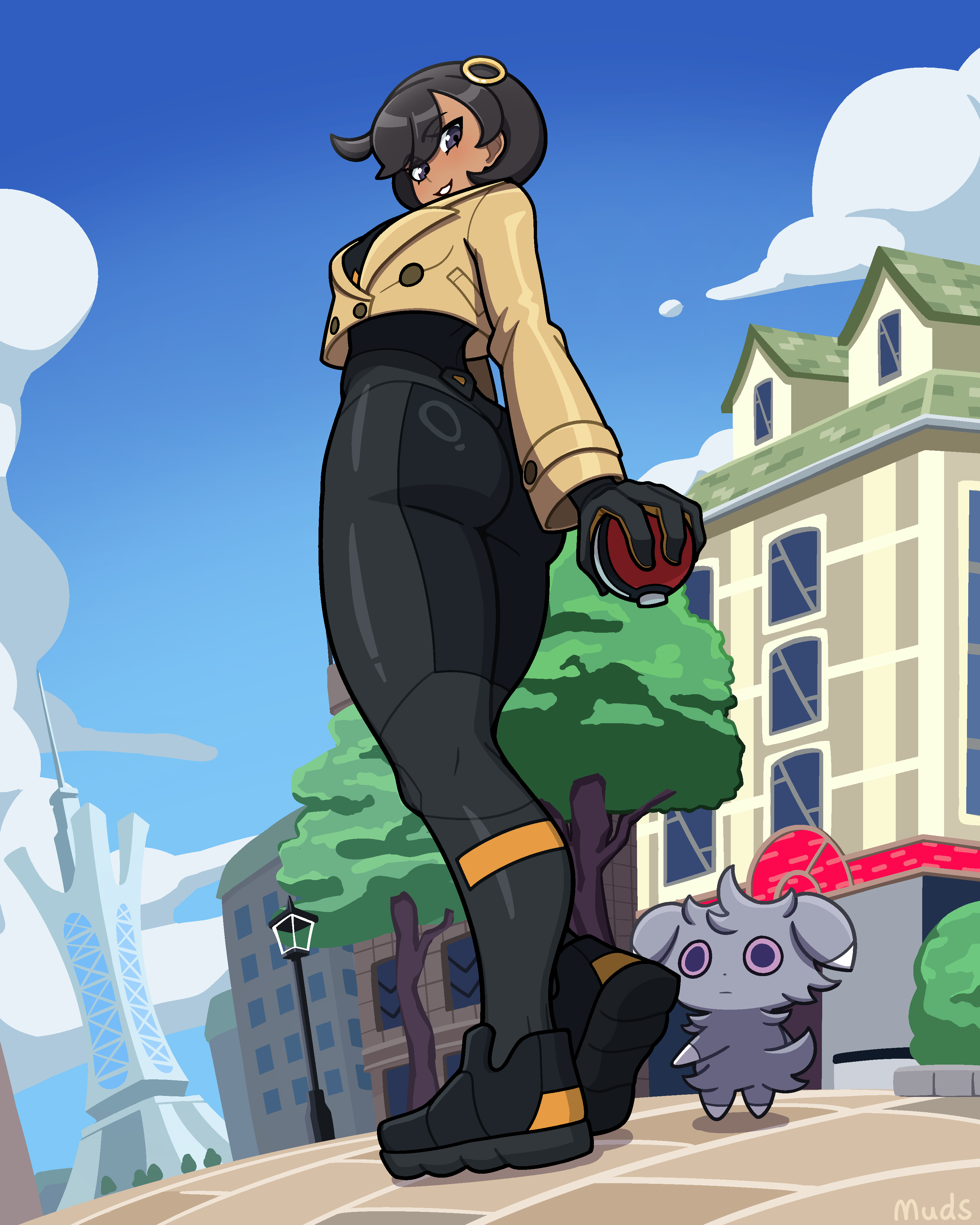 muds, emma (pokemon), espurr, nintendo, pokemon, pokemon legends: z-a, absurdres, commentary, english commentary, highres, 1girl, ass, black bodysuit, black gloves, black hair, blue sky, bodysuit, bodysuit under clothes, breasts, brown jacket, building, closed mouth, cloud, dark-skinned female, dark skin, gen 6 pokemon, gloves, hair ornament, holding, holding poke ball, jacket, latex, latex bodysuit, looking at viewer, looking back, looking down, lumiose city, orange gloves, outdoors, parted lips, poke ball, poke ball (basic), pokemon (creature), pokemon center, prism tower, purple eyes, short hair, sky, smile, tree, two-tone gloves
