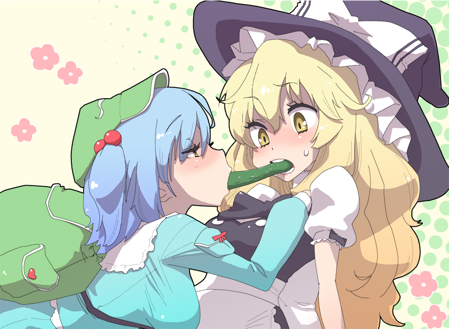 ogata mamimi, kawashiro nitori, kirisame marisa, touhou, 2girls, backpack, bag, blonde hair, blue eyes, blue hair, breasts, cooperative fellatio, cucumber, fellatio, female focus, hair bobbles, hair ornament, hat, medium breasts, mouth hold, multiple girls, oral, randoseru, sexually suggestive, shirt, short hair, taut clothes, taut shirt, teamwork (sexual), twintails, two side up, witch, witch hat, yellow eyes, yuri