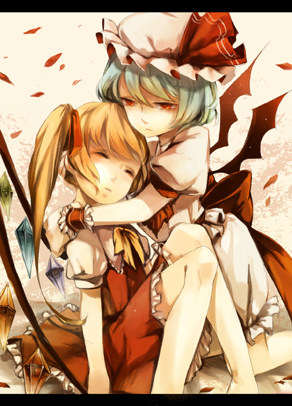 clea (geee13), flandre scarlet, remilia scarlet, touhou, bad id, bad pixiv id, 2girls, bat wings, blonde hair, blue hair, female focus, hat, letterboxed, multiple girls, ponytail, red eyes, short hair, siblings, side ponytail, sisters, wings