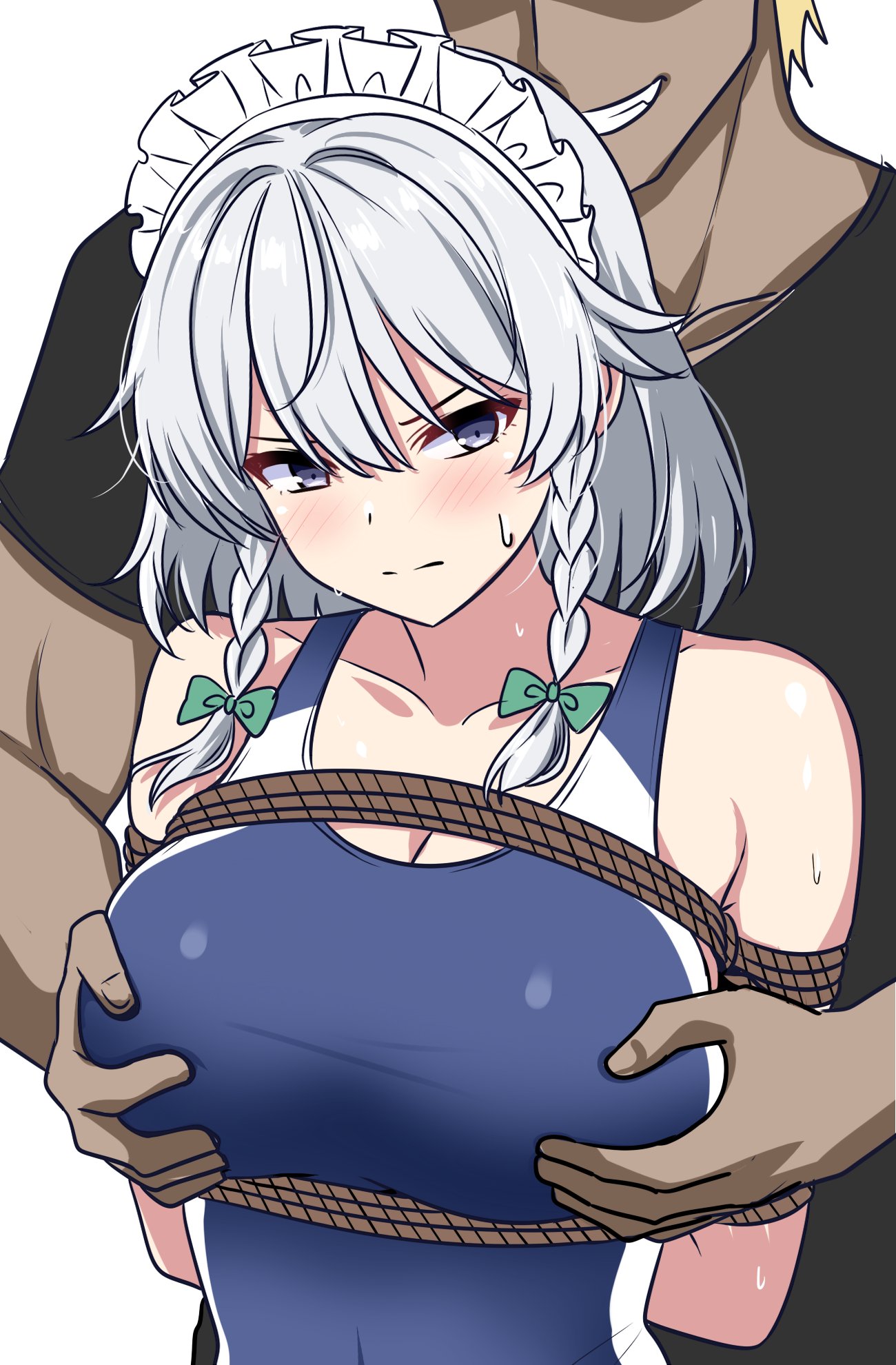 rise (rise19851203), izayoi sakuya, touhou, commentary, commission, highres, skeb commission, 1boy, 1girl, alternate costume, bdsm, black shirt, blonde hair, blue one-piece swimsuit, blush, bondage, bound, bound arms, bow, braid, breasts, cleavage, closed mouth, collarbone, faceless, faceless male, grabbing another's breast, grabbing from behind, green bow, grey hair, grin, groping, hair bow, hetero, long hair, maid headdress, one-piece swimsuit, purple eyes, restrained, rope, shirt, simple background, smile, sweat, swimsuit, twin braids, white background