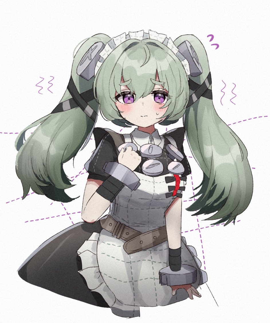 pepa xgame, corin wickes, zenless zone zero, commentary request, 1girl, apron, black dress, blush, closed mouth, dotted line, dress, fan request, flying sweatdrops, green hair, hair intakes, hand up, long hair, looking at viewer, maid apron, maid headdress, metal wrist cuffs, purple eyes, screw hair ornament, simple background, solo, sweatdrop, twintails, white background