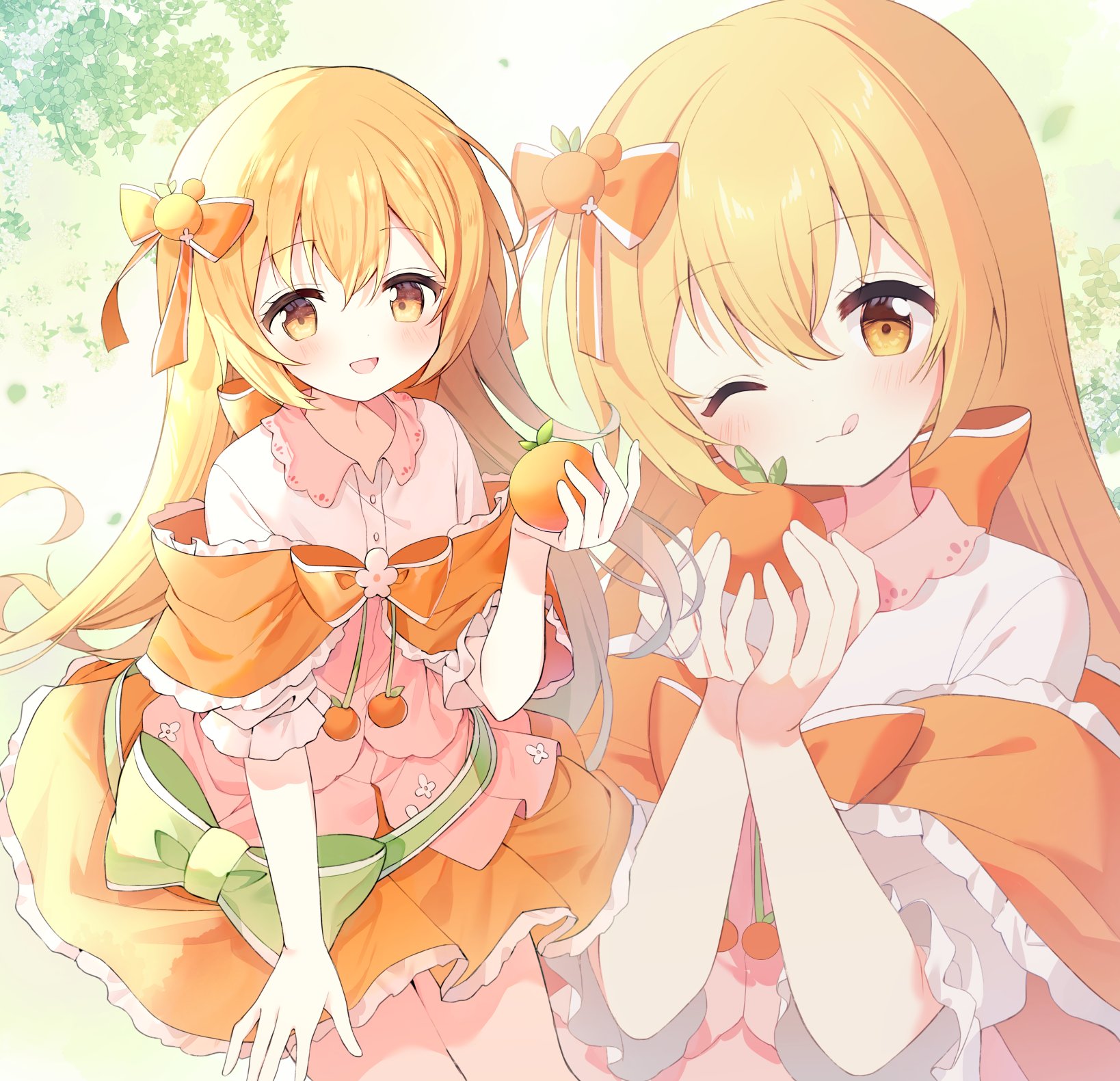 momoe moko, original, commentary request, commission, highres, skeb commission, 1girl, :d, :q, blush, bow, closed mouth, collared shirt, cowboy shot, food, frilled skirt, frills, fruit, hair between eyes, hair bow, holding, holding food, holding orange, long hair, open mouth, orange (fruit), orange bow, orange hair, orange skirt, shirt, short sleeves, skirt, smile, tongue, tongue out, white shirt, yellow eyes