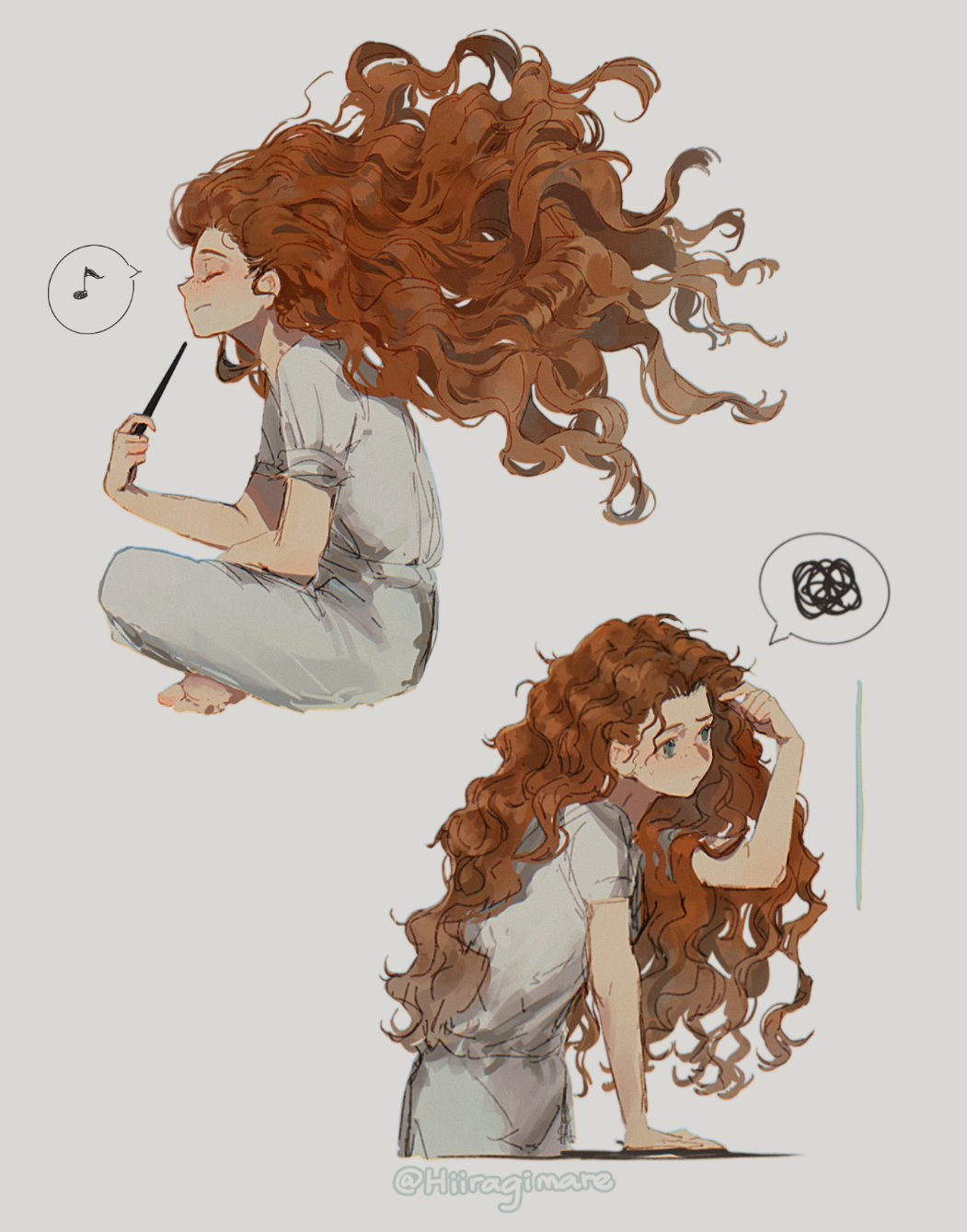 hiiragimare, hogwarts legacy, original, wizarding world, highres, 1girl, blue eyes, closed eyes, closed mouth, crossed legs, floating hair, full body, gynger edventray (hiiragimare), holding, holding wand, image in speech bubble, long hair, multiple views, musical note, pajamas, red hair, simple background, sitting, solo, spoken musical note, wand, white background, white pajamas