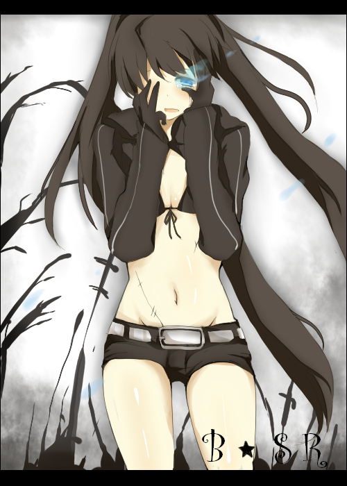 mono (recall), black rock shooter (character), black rock shooter, bad id, bad pixiv id, 10s, 1girl, belt, bikini, bikini top only, black hair, blue eyes, coat, female focus, front-tie top, gloves, glowing, glowing eyes, hand on own face, hands on own face, hood, hooded jacket, jacket, long hair, midriff, navel, scar, short shorts, shorts, solo, star (symbol), swimsuit, tears, tree, twintails, uneven twintails, very long hair