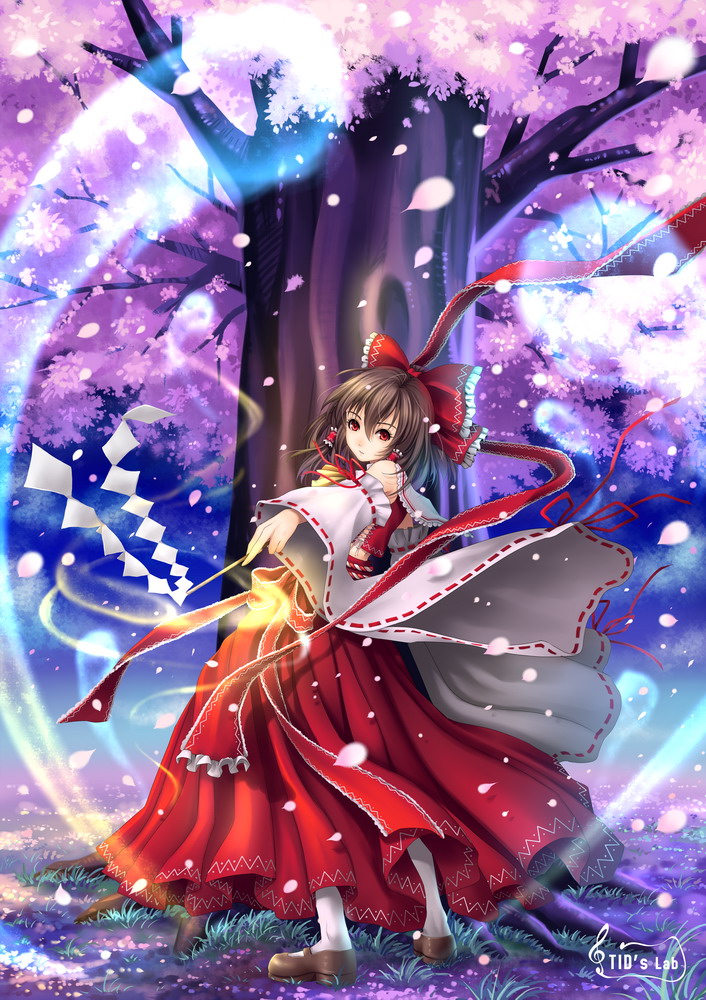 tidsean, hakurei reimu, touhou, 1girl, arched back, bow, brown hair, cherry blossoms, detached sleeves, female focus, gohei, hair bow, hair ribbon, hitodama, japanese clothes, long skirt, looking at viewer, magic, mary janes, pantyhose, red eyes, ribbon, shoes, skirt, solo, tree, white pantyhose, wide sleeves