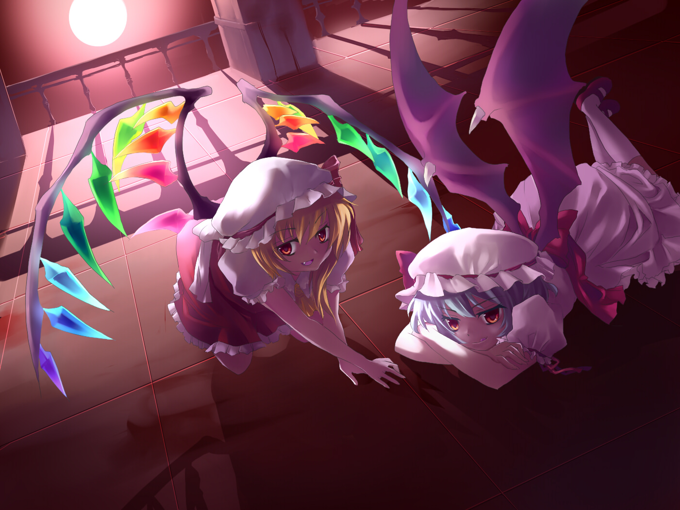 myaaco, flandre scarlet, remilia scarlet, touhou, 2girls, bat wings, blonde hair, blue hair, female focus, hat, multiple girls, red eyes, short hair, siblings, sisters, wings