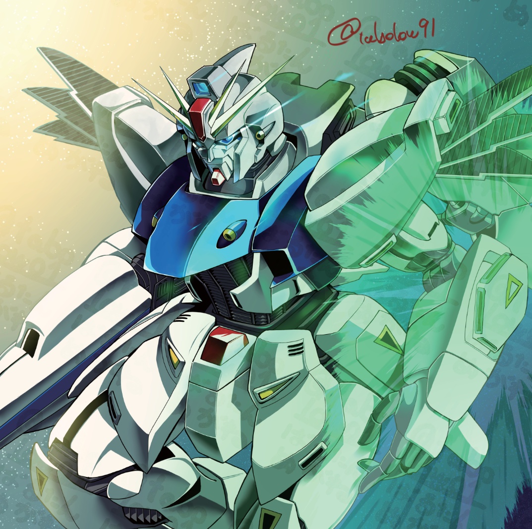 barutan, f91 gundam, gundam, gundam f91, commentary request, alternate form, beam cannon, beam shield, blue eyes, cable, energy, glowing, glowing eyes, gun, lens flare, machine gun, machinery, mask, mecha, mecha focus, mobile suit, no humans, realistic, robot, science fiction, signature, solo, unworn mask, v-fin, weapon
