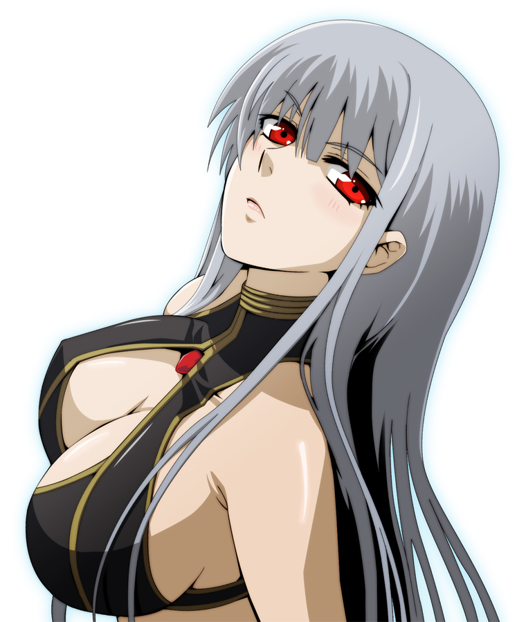 taguchi kenji (omaep), selvaria bles, senjou no valkyria, senjou no valkyria (series), senjou no valkyria 1, 00s, 1girl, bare shoulders, bikini, breasts, cleavage, female focus, grey hair, large breasts, red eyes, solo, swimsuit