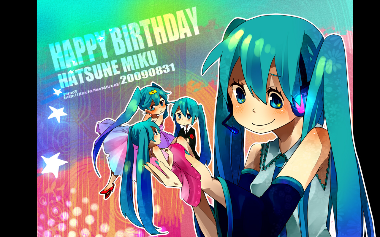 mayoz, hatsune miku, hatsune miku (saihate), saihate (vocaloid), vocaloid, world is mine (vocaloid), bad id, bad pixiv id, 4girls, aqua eyes, aqua hair, chibi, detached sleeves, dress, formal clothes, headphones, headset, holding, long hair, mini person, minigirl, multiple girls, necktie, smile, suit, twintails
