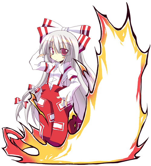 satou kibi, fujiwara no mokou, touhou, silver hair, bad id, bad pixiv id, 1girl, bow, female focus, fire, hair bow, hair ribbon, long hair, multiple hair bows, red eyes, ribbon, solo, standing, suspenders, white background