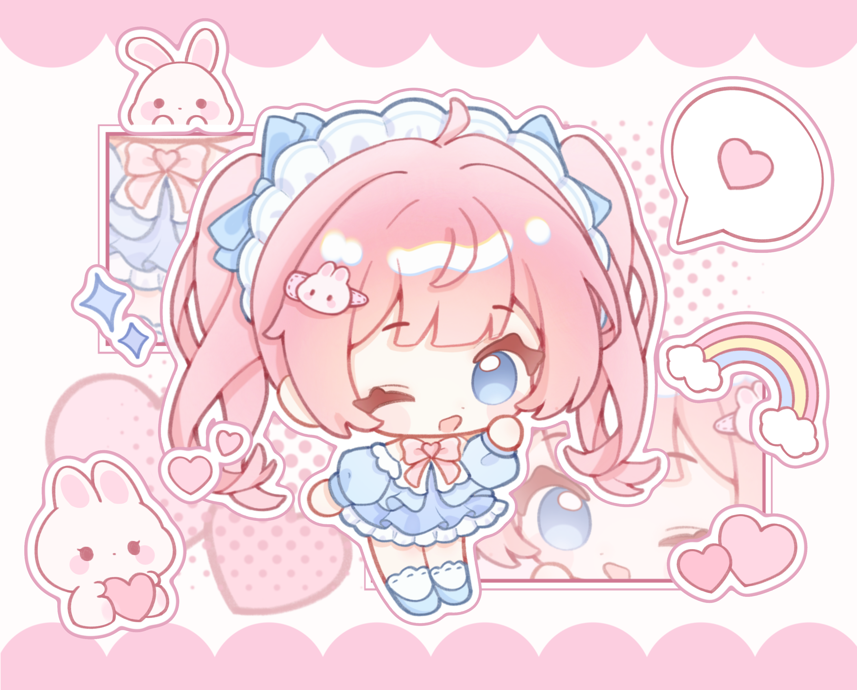 original, highres, 1girl, ;d, ball hands, blue bow, blue dress, blue eyes, blue shoes, blunt bangs, blush stickers, bow, bowtie, chibi, chibi only, dot nose, dress, frilled dress, frills, full body, hair bow, hair ornament, hand up, heart, long hair, long sleeves, looking at viewer, maid headdress, one eye closed, open mouth, outline, pink bow, pink bowtie, pink hair, rabbit hair ornament, rainbow, shoes, simple background, smile, socks, solo, spoken heart, standing, twintails, white outline, white socks, yutian jinzhi runei
