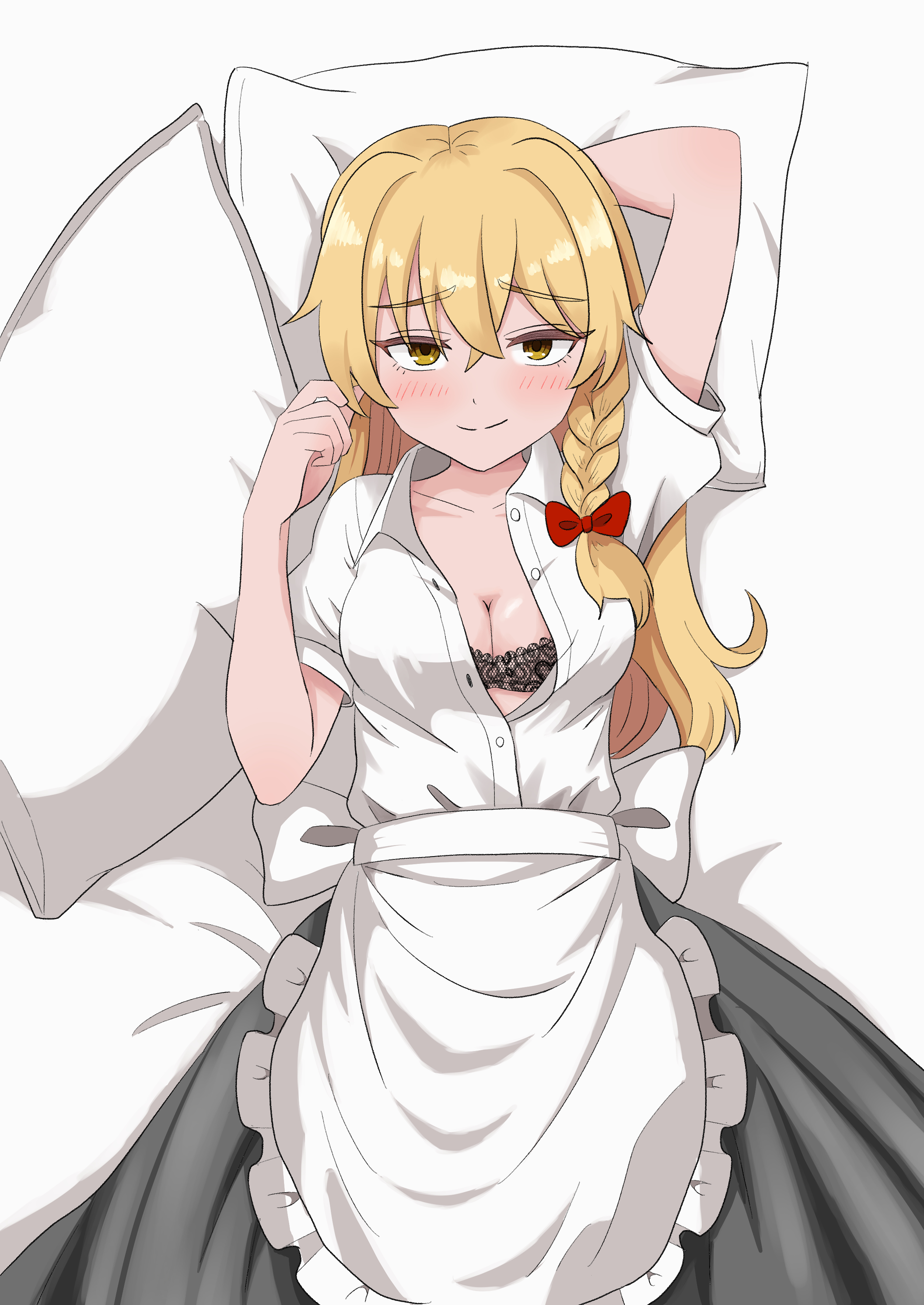 kirisame marisa, touhou, absurdres, commentary request, highres, 1girl, apron, back bow, black bra, blonde hair, blush, bow, bra, braid, breasts, cleavage, closed mouth, grey skirt, hair bow, head on pillow, kiyo (tomoki6107), long hair, looking at viewer, lying, no headwear, on back, partially unbuttoned, pillow, puffy short sleeves, puffy sleeves, red bow, shirt, short sleeves, side braid, single braid, skirt, smile, solo, underwear, waist apron, white apron, white bow, white shirt, yellow eyes