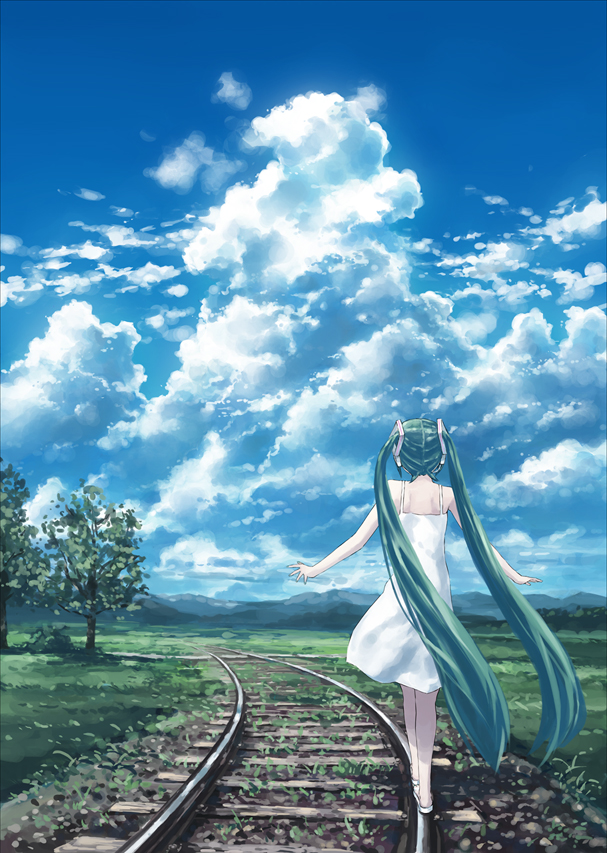 isou nagi, hatsune miku, vocaloid, 1girl, aqua hair, balancing, bare shoulders, blue sky, cloud, cloudy sky, day, dress, female focus, from behind, full body, grass, long hair, long twintails, outdoors, railroad tracks, scenery, shoes, short dress, sky, sleeveless, sleeveless dress, solo, sundress, tree, twintails, very long hair, white dress