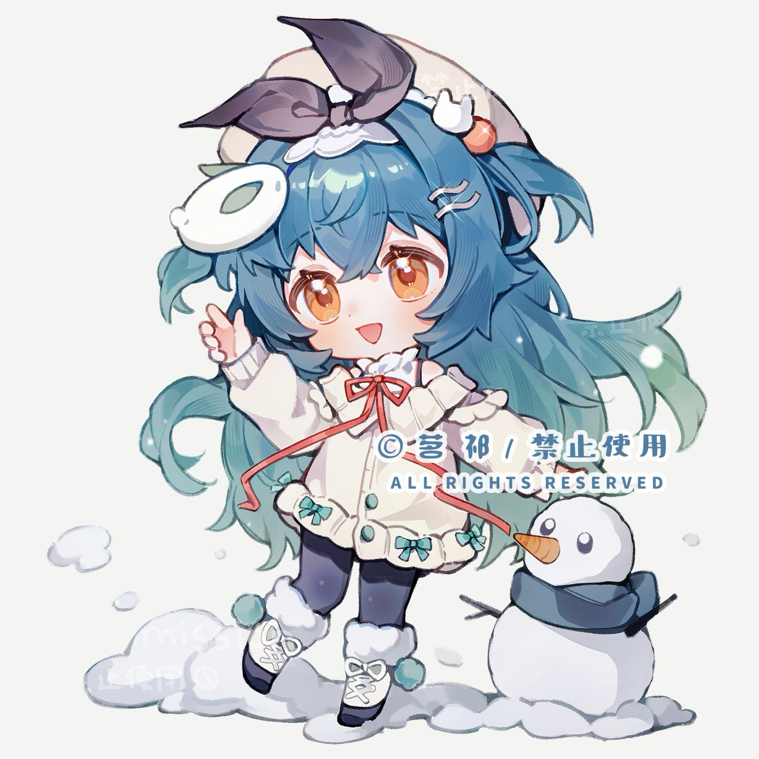 original, highres, 1girl, :d, black pantyhose, black ribbon, blue hair, boots, cardigan, chibi, chibi only, full body, fur-trimmed boots, fur trim, hair ribbon, hand up, hat, knee boots, long hair, long sleeves, mihuashi 906314, neck ribbon, open mouth, pantyhose, red ribbon, ribbon, simple background, smile, snowman, solo, standing, watermark, white background, white boots, white cardigan, white hat, yellow eyes