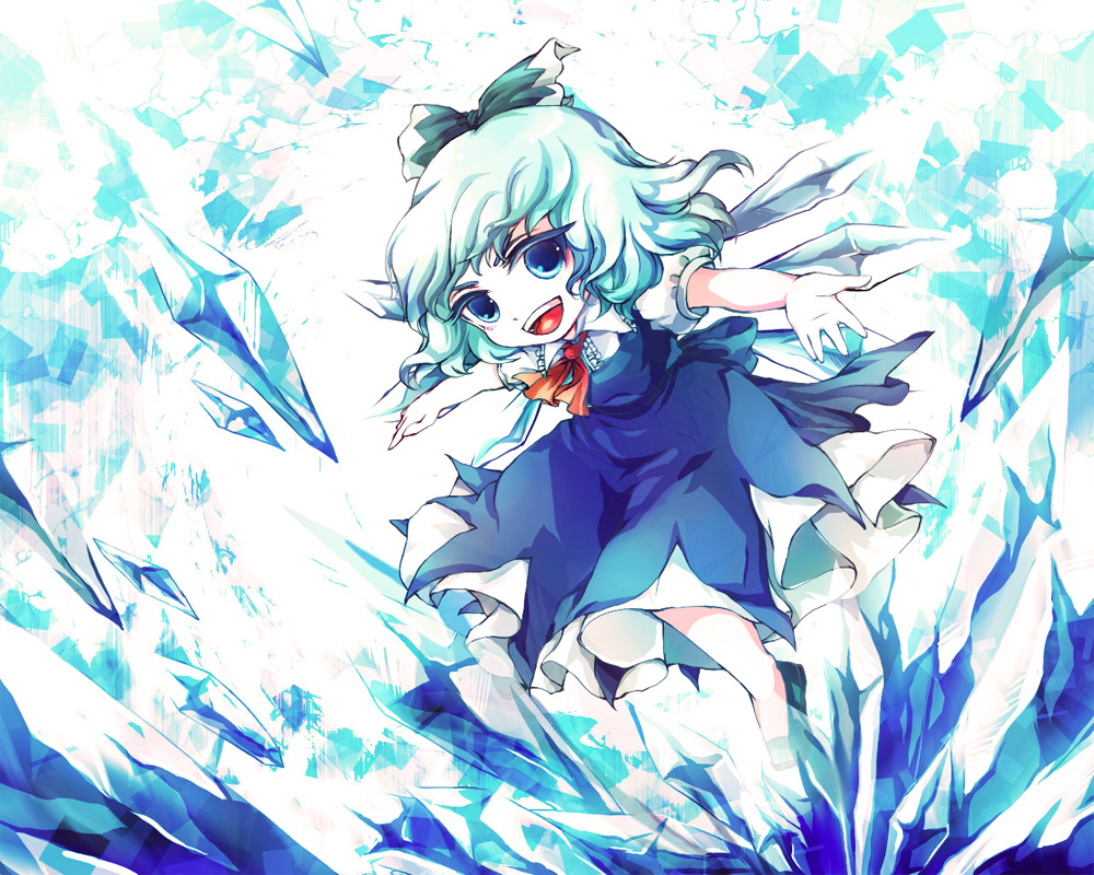 awa toka, cirno, touhou, touhou hisoutensoku, bad id, bad pixiv id, blue eyes, blue hair, bow, ice, short hair, solo, wings