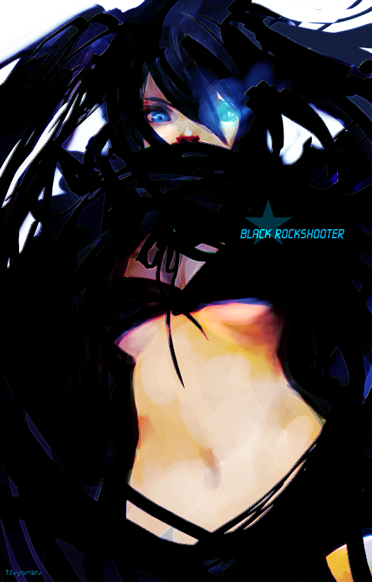 tsuyomaru, black rock shooter (character), black rock shooter, bad id, bad pixiv id, 10s, 1girl, bikini, bikini top only, black hair, blue eyes, female focus, glowing, glowing eyes, long hair, midriff, navel, solo, swimsuit, twintails