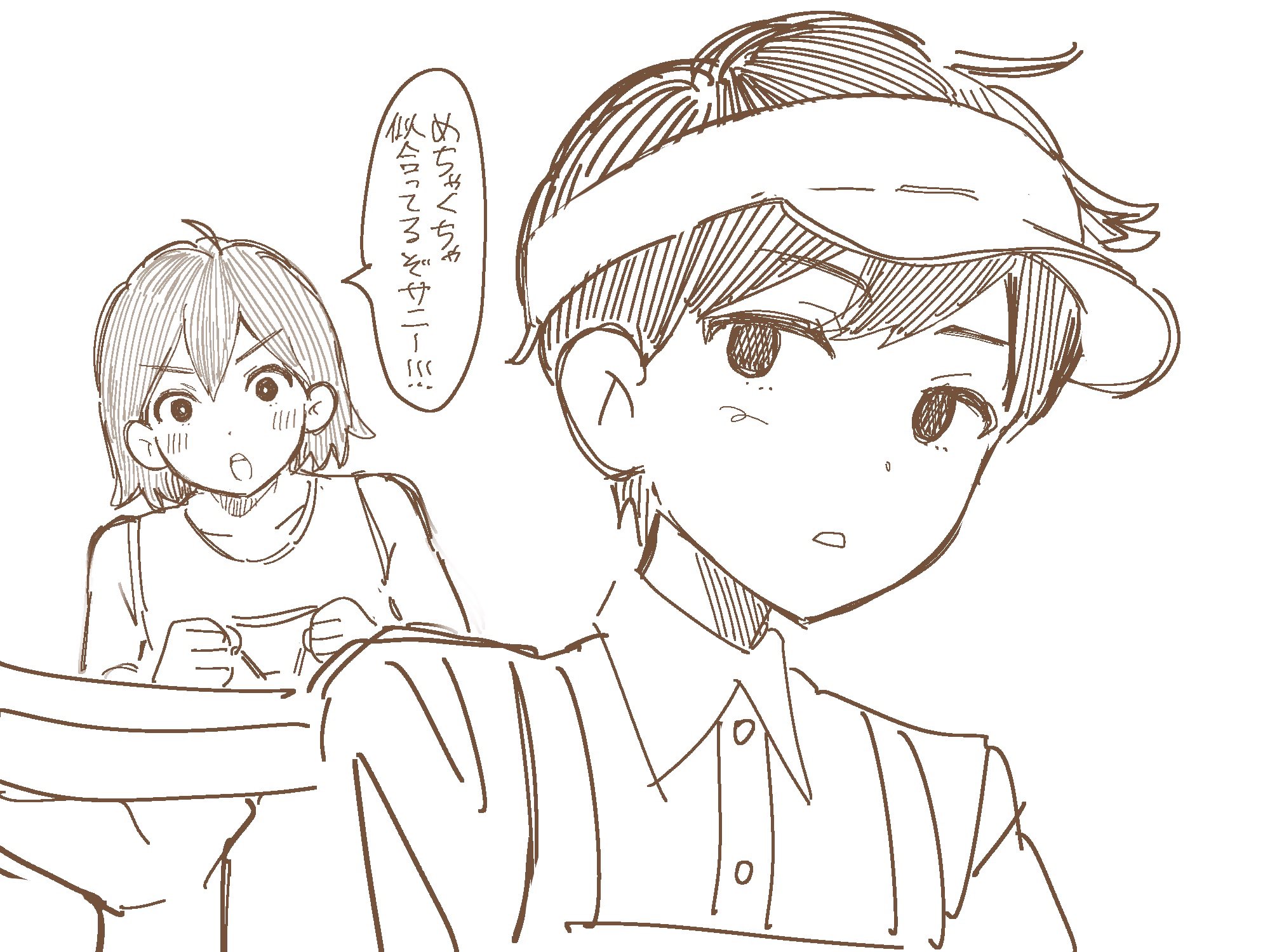 nico0, kel (faraway) (omori), kel (omori), sunny (gino's) (omori), sunny (omori), omori, commentary request, highres, translation request, 2boys, apron, box, clenched hands, collarbone, collared shirt, double-parted bangs, greyscale, hair between eyes, holding, holding box, looking at another, male focus, monochrome, multiple boys, open mouth, parted lips, pizza box, romaji commentary, shirt, short hair, simple background, sketch, speech bubble, teeth, upper teeth only