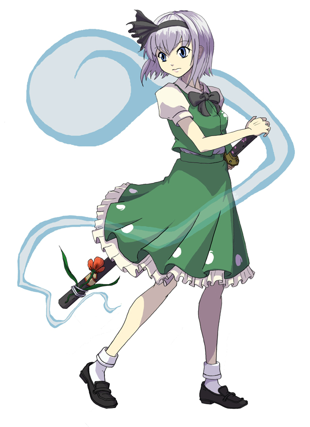 ofuman, konpaku youmu, konpaku youmu (ghost), touhou, silver hair, bad id, bad pixiv id, 1girl, black shoes, blue eyes, female focus, flower, full body, ghost, hairband, katana, plant, sheath, sheathed, shoes, short hair, simple background, skirt, solo, sword, weapon, white background